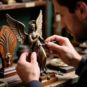 Фотография демонстрирует реставрацию бронзовой статуэтки ангела, украшающей старинный сервант. Подчеркивает ценность ручной работы и бережное отношение к антиквариату.