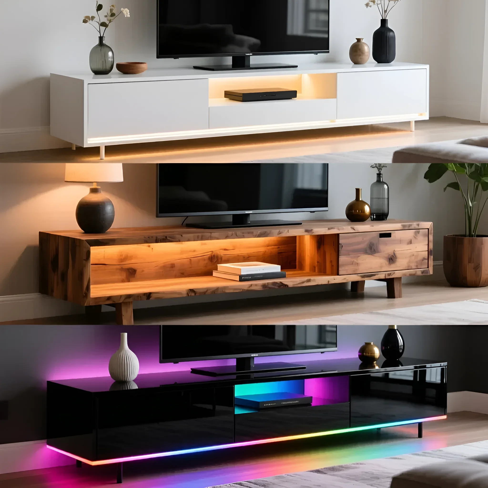 Коллаж из трех фотографий современных тумб под телевизор с подсветкой: белая, деревянная и глянцевая черная. Идеальное решение для гостиной.