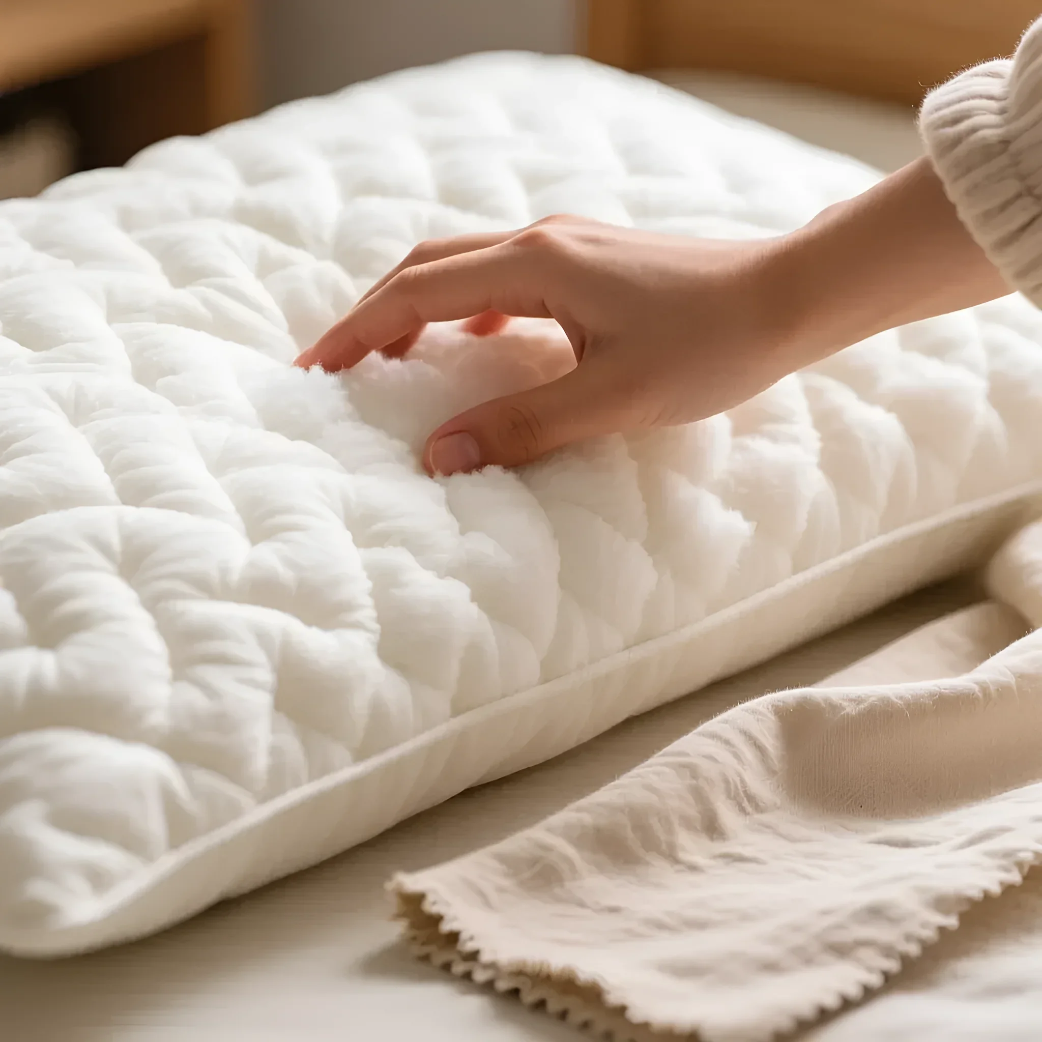 Фотография демонстрирует мягкую, стеганую детскую подушку из гипоаллергенных материалов. Рука нежно касается поверхности, подчеркивая комфорт и безопасность.