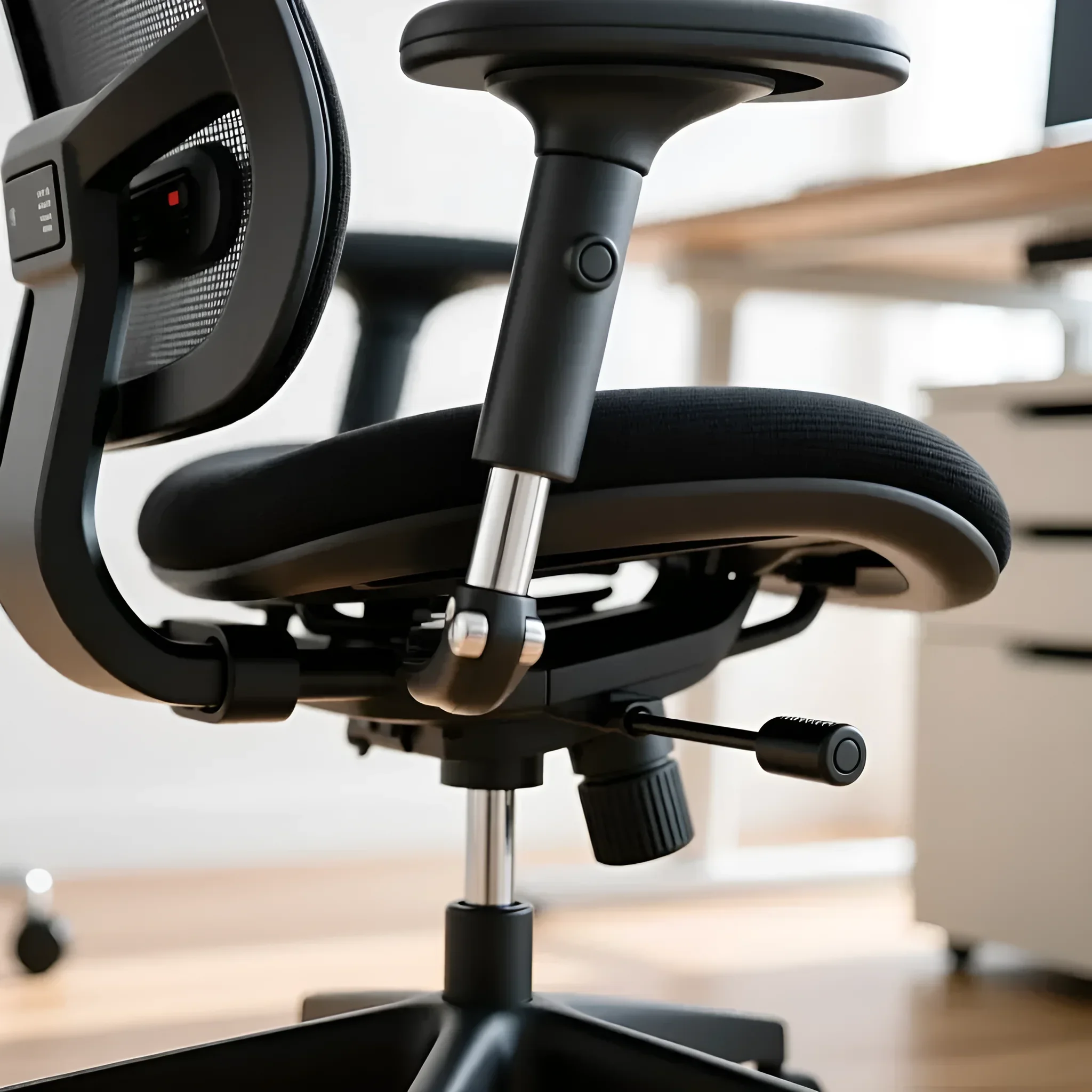 Крупный план черного офисного кресла с акцентом на механизм регулировки. Идеально для статьи о выборе эргономичной мебели для работы.