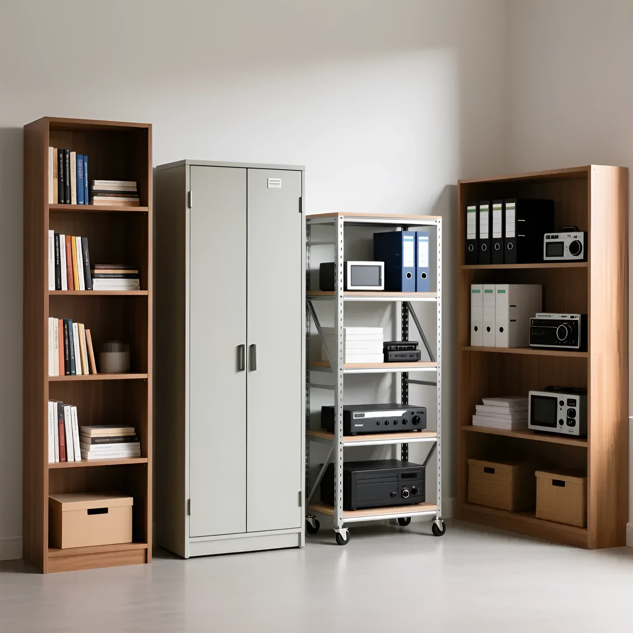 Фотография демонстрирует разнообразие офисных стеллажей: деревянные, металлические, шкафы. Идеальное решение для организации рабочего пространства и хранения документов.