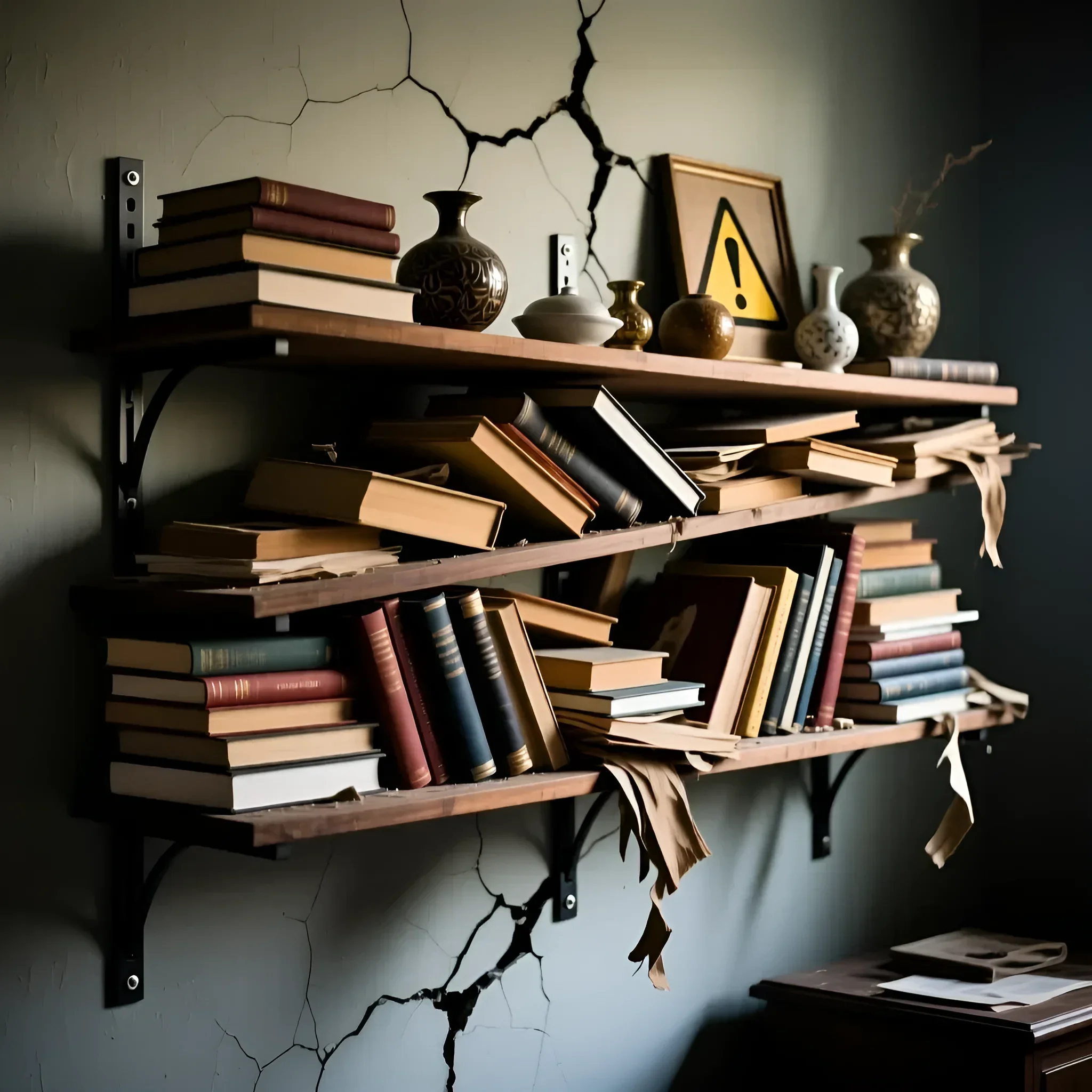 Фотография демонстрирует опасную перегрузку полок книгами и предметами декора, иллюстрируя последствия недостаточной несущей способности и некачественного монтажа.