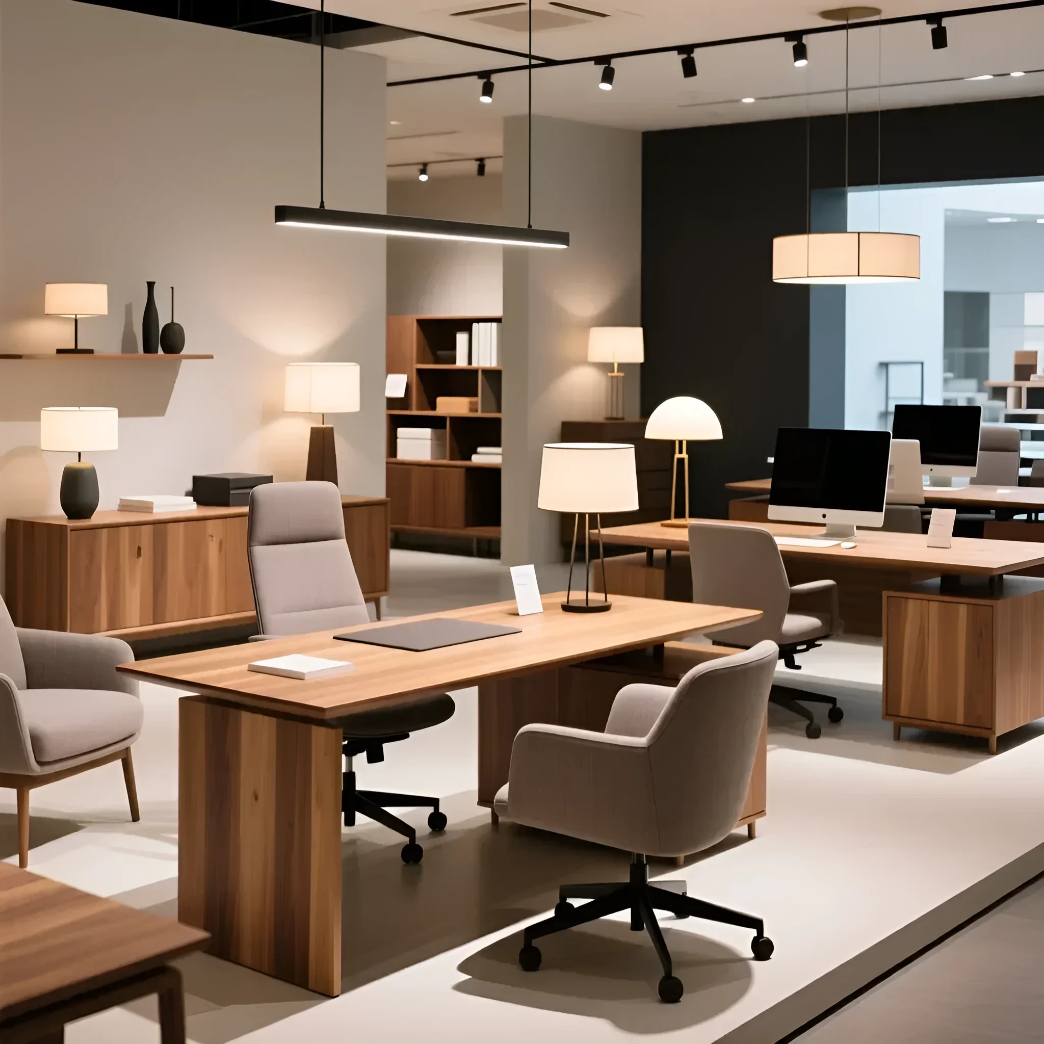 Современный офисный интерьер с акцентом на натуральное дерево и приглушенные оттенки бежевого. Эргономичная мебель и мягкое освещение для продуктивной работы.