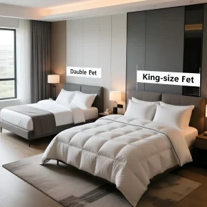 Иллюстрация демонстрирует разницу в размере одеял для двуспальной и королевской кровати, подчеркивая важность правильного выбора.