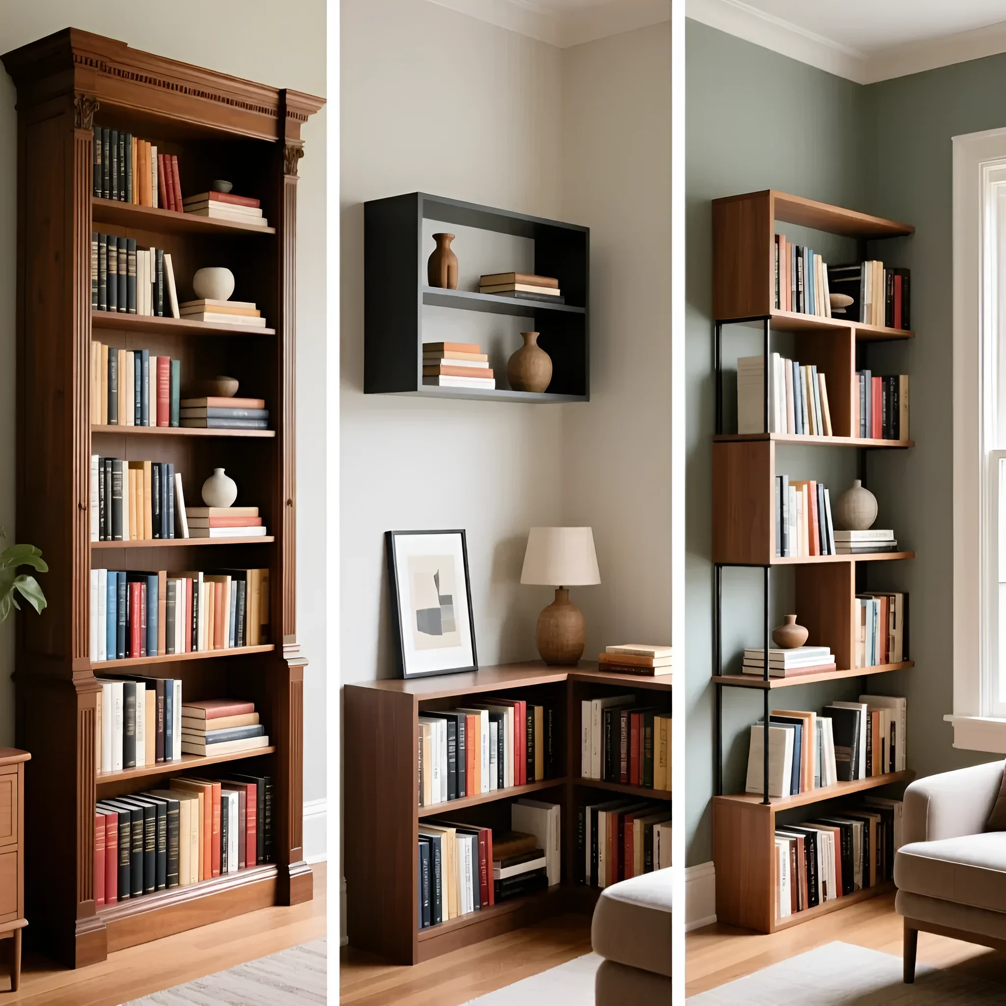 Фотография демонстрирует три разных типа книжных полок: классический шкаф, настенные модули и открытую систему. Идеально для выбора полки!