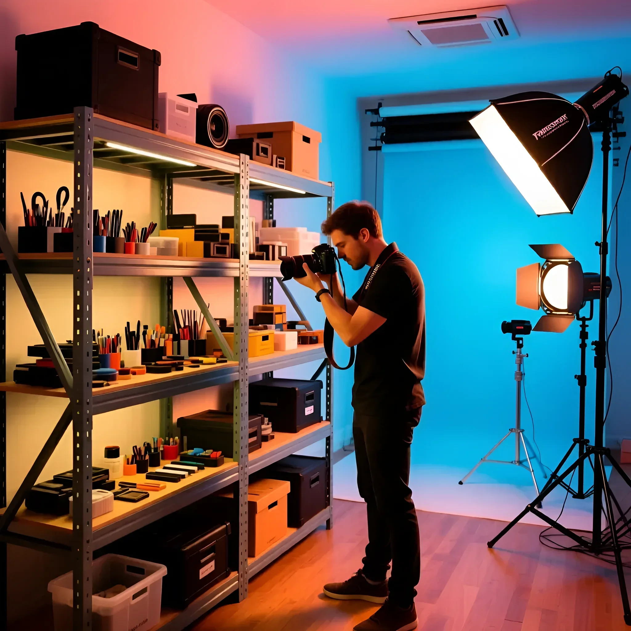 Фотограф в домашней студии, организованной с помощью стеллажей-трансформеров. Удобное хранение оборудования и аксессуаров для предметной и портретной съемки.