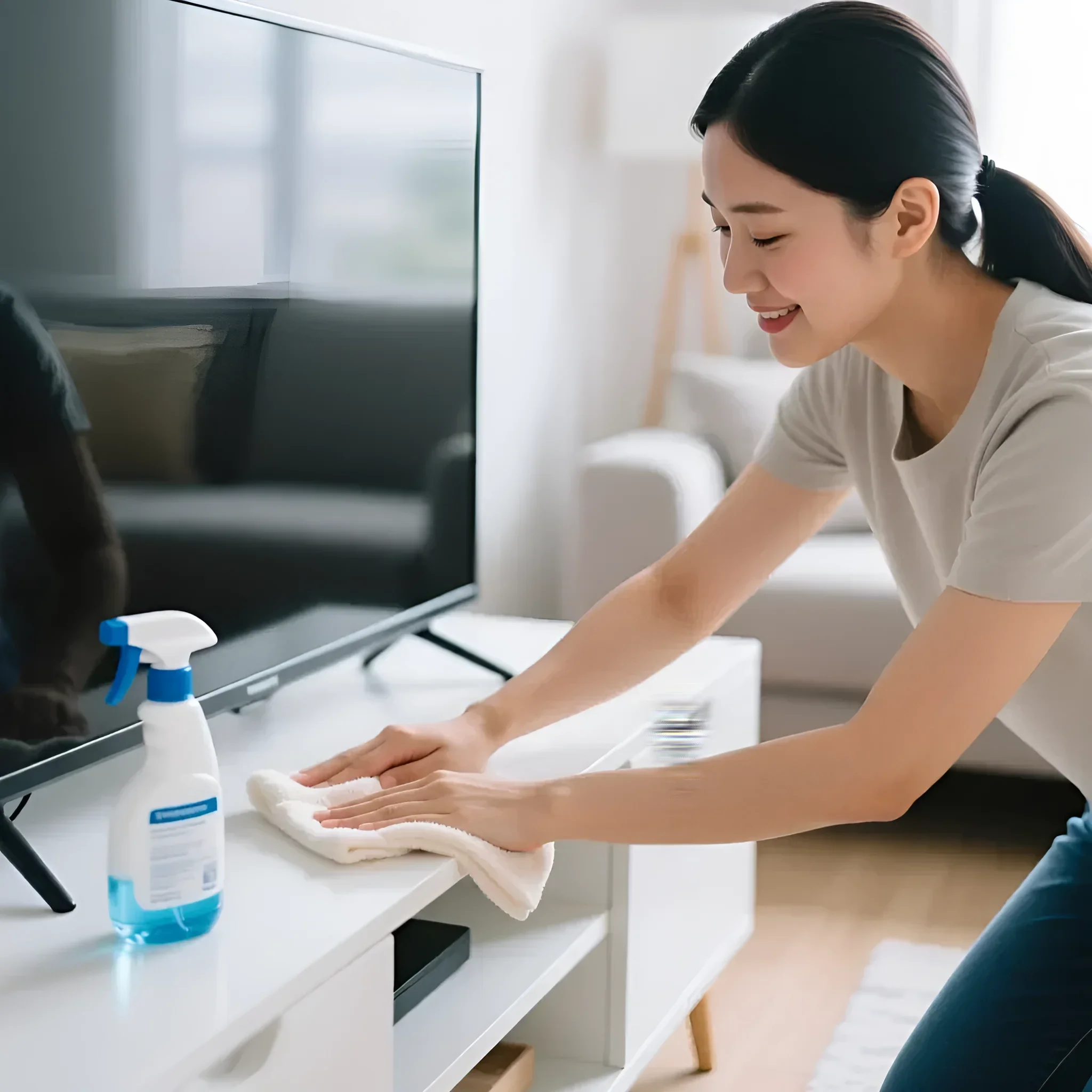 Фотография демонстрирует молодую женщину, бережно протирающую белую ТВ-тумбу с помощью спрея и тряпки. Идеальное решение для статьи об уходе за мебелью.