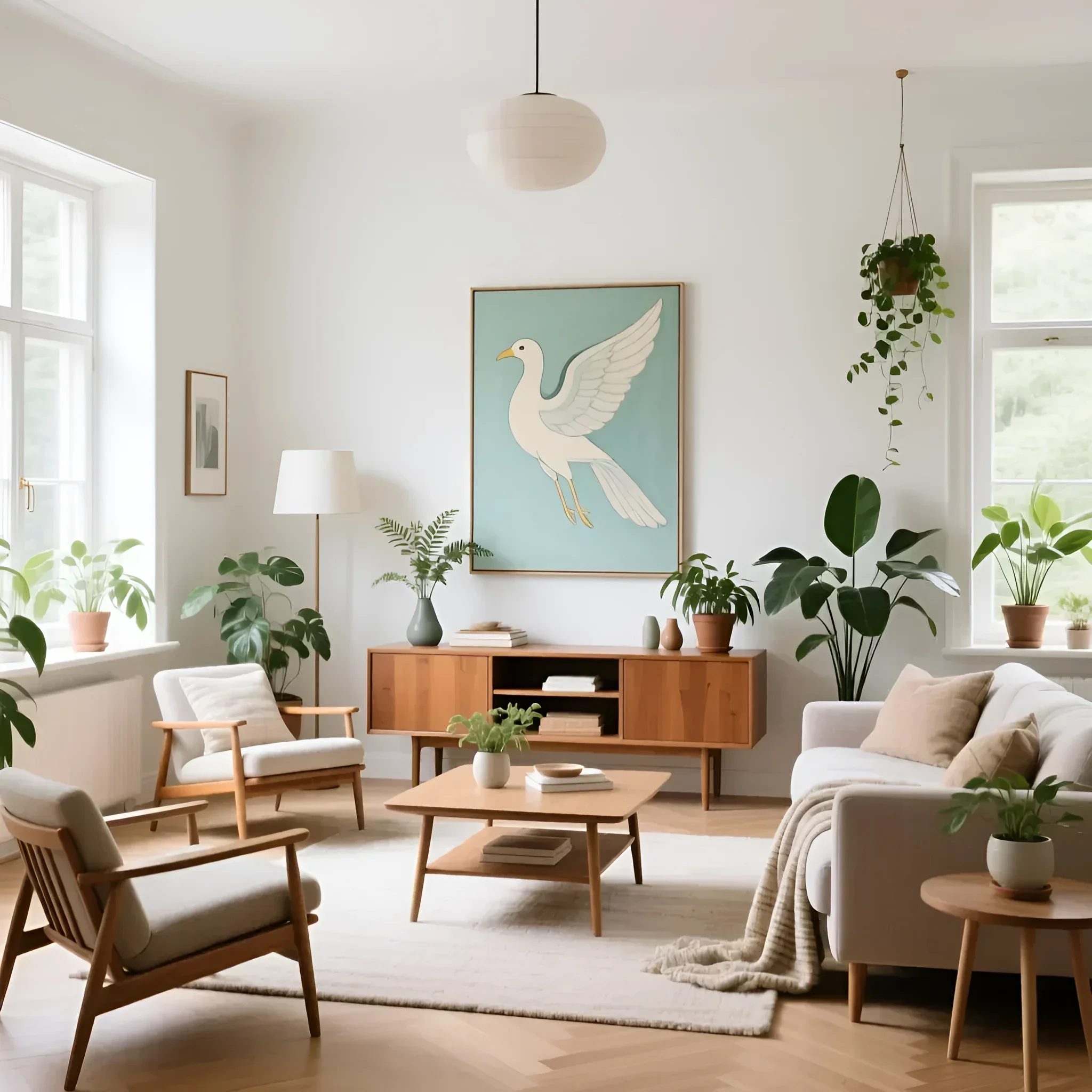 Уютная гостиная в скандинавском стиле с деревянным сервантом, большим количеством комнатных растений и светлой цветовой гаммой. Идеальное решение для любителей ретро.