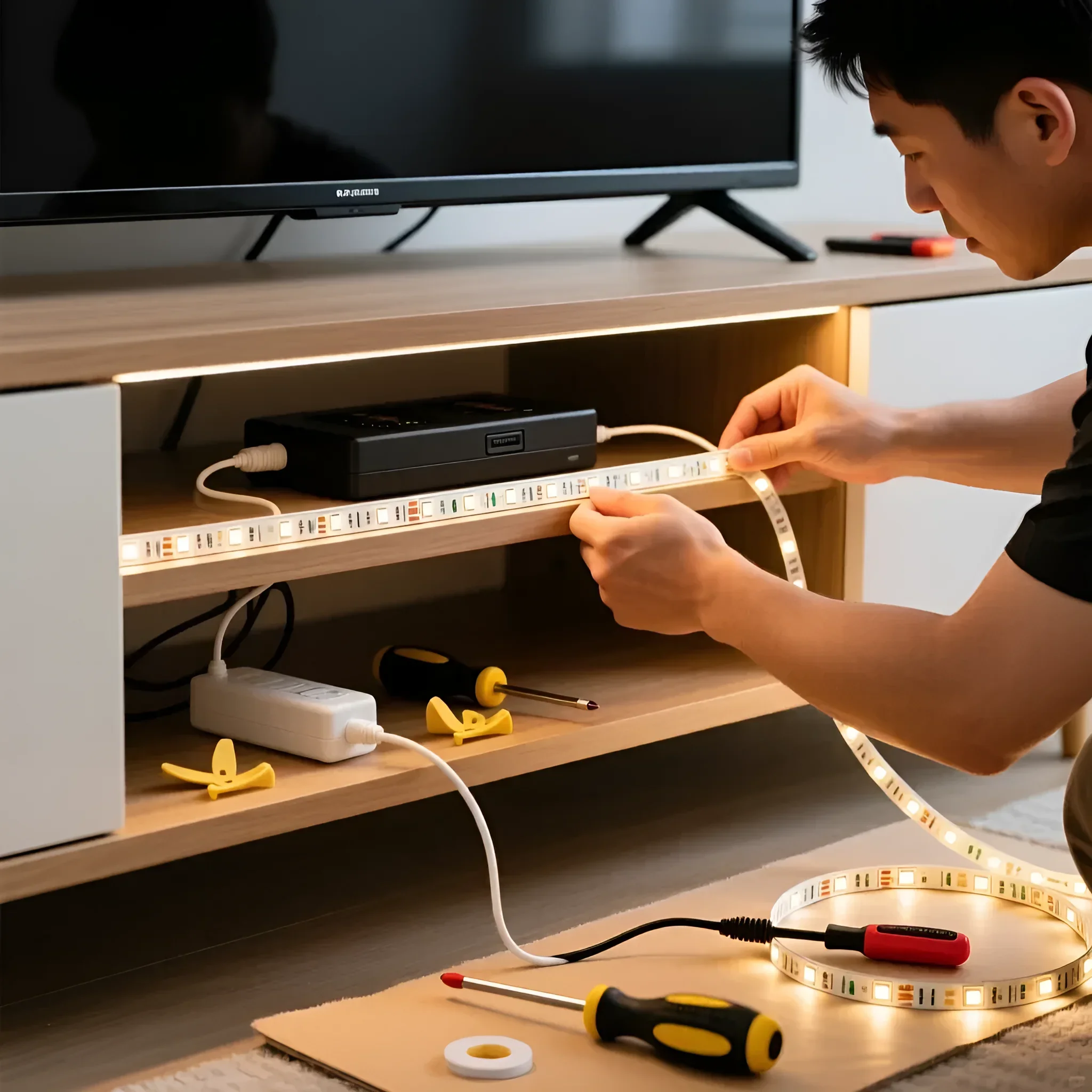 Фотография демонстрирует установку светодиодной ленты под тумбой под телевизор. Идеально для создания атмосферной подсветки в гостиной.
