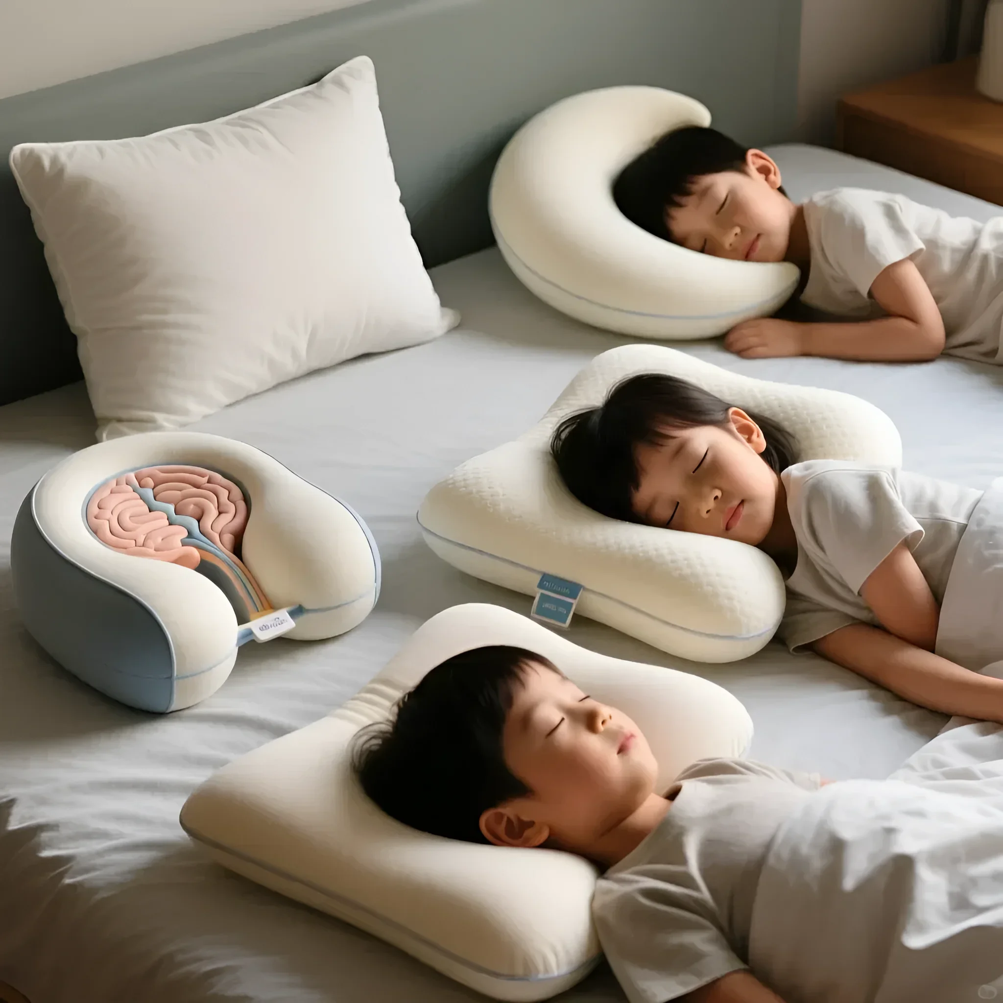 Фотография спящих детей на разных ортопедических подушках: анатомической, с выемкой под голову и классической формы. Безопасный и комфортный сон.