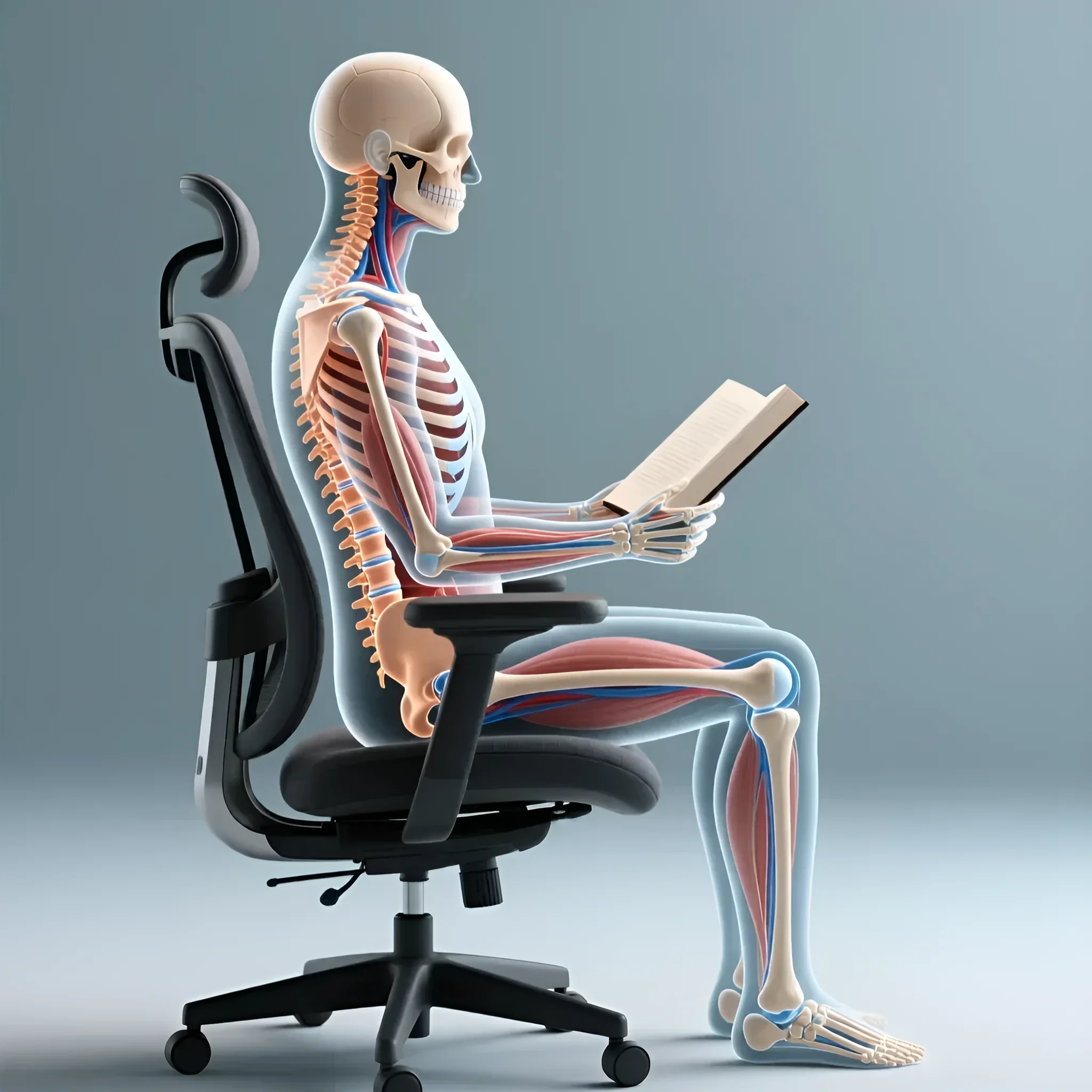 Иллюстрация анатомически верного положения тела при чтении в эргономичном кресле. Подчеркивает важность поддержки спины для здоровья.