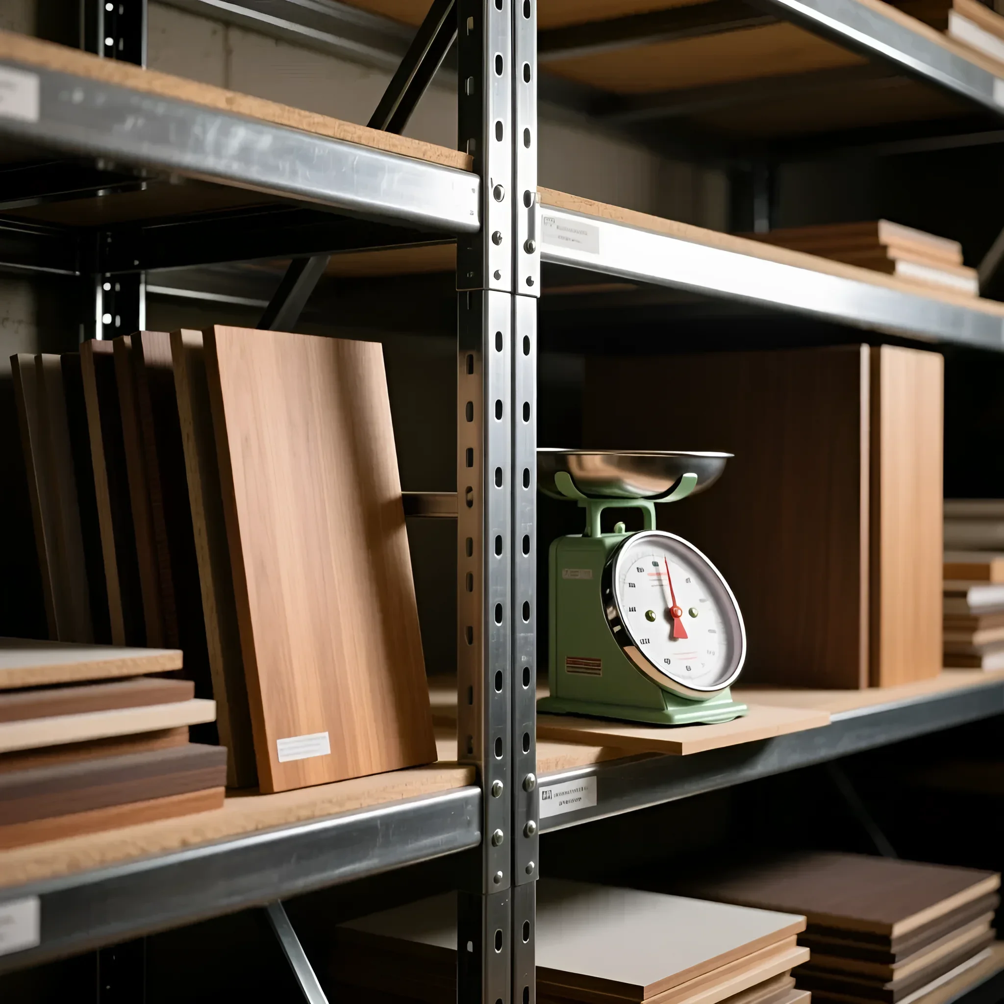 Фотография демонстрирует текстуру дерева и металла на стеллаже, подчеркивая важность выбора прочных материалов для офисной мебели.