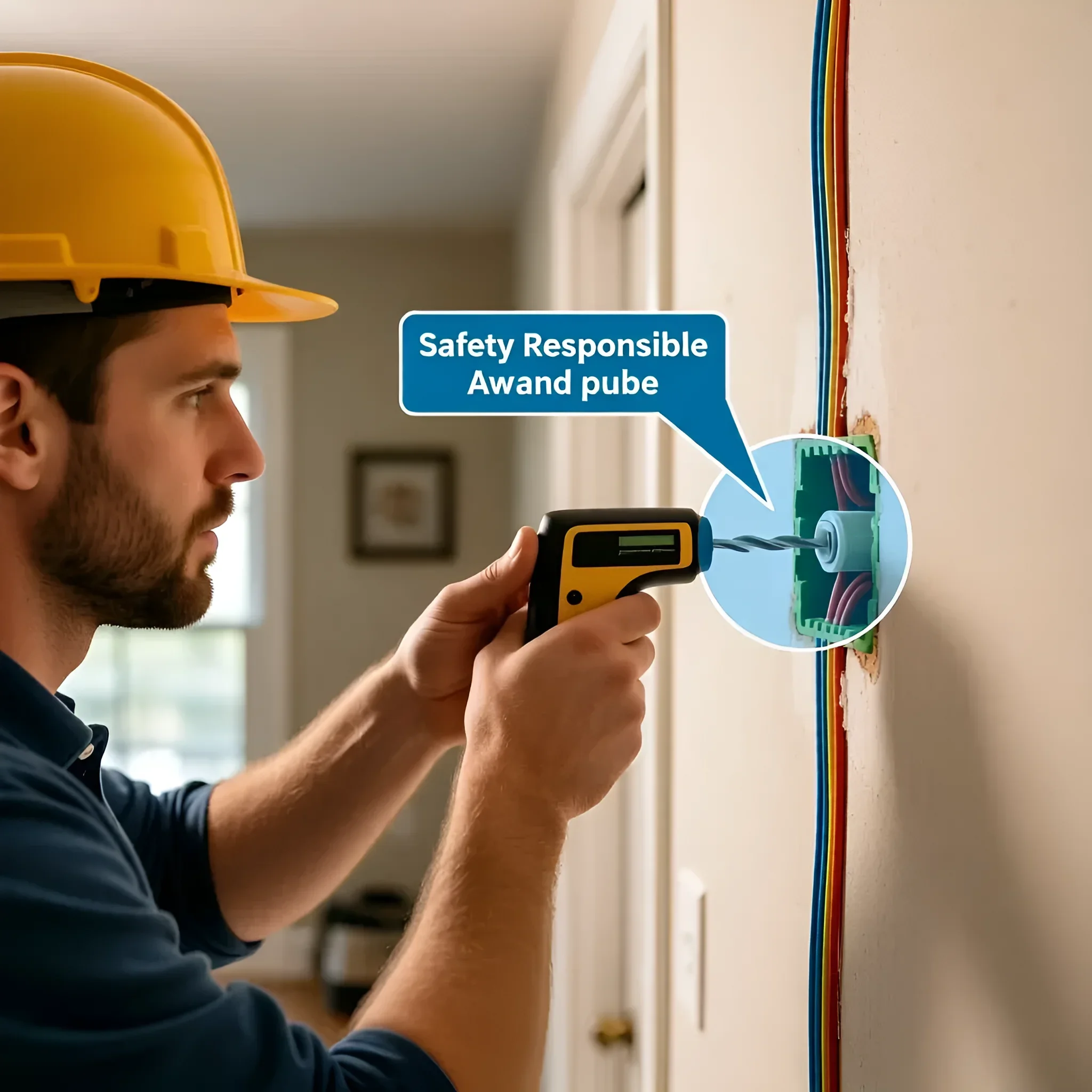 Фотография демонстрирует важность поиска скрытой проводки перед установкой полок. Мужчина в каске использует детектор для безопасного монтажа.