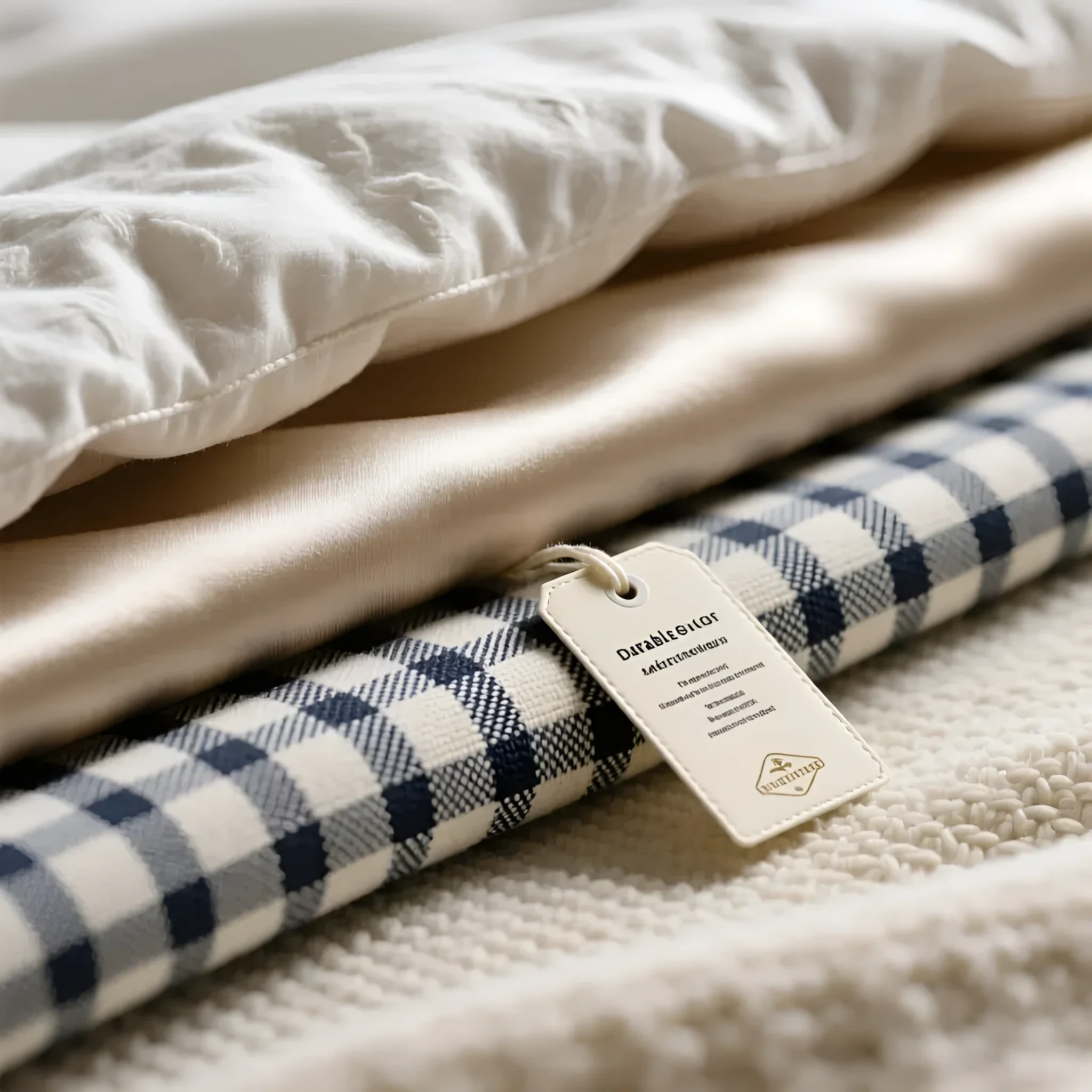 Фотография демонстрирует сложенные одеяла разных фактур и цветов с биркой, акцентируя внимание на материале чехла и его влиянии на долговечность.