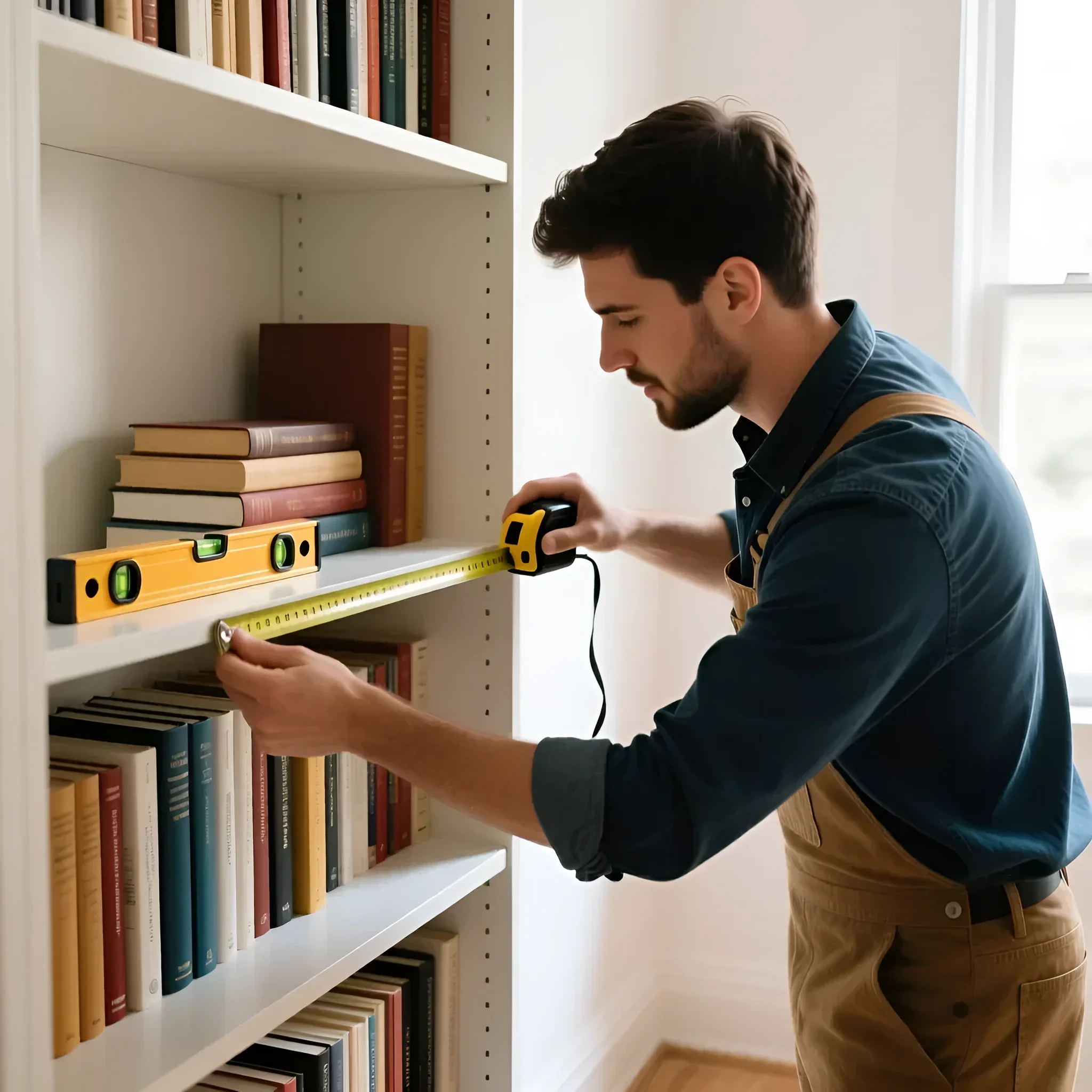 Мужчина измеряет полку для книг рулеткой и уровнем, планируя пространство для библиотеки. Иллюстрация к статье о выборе полок.