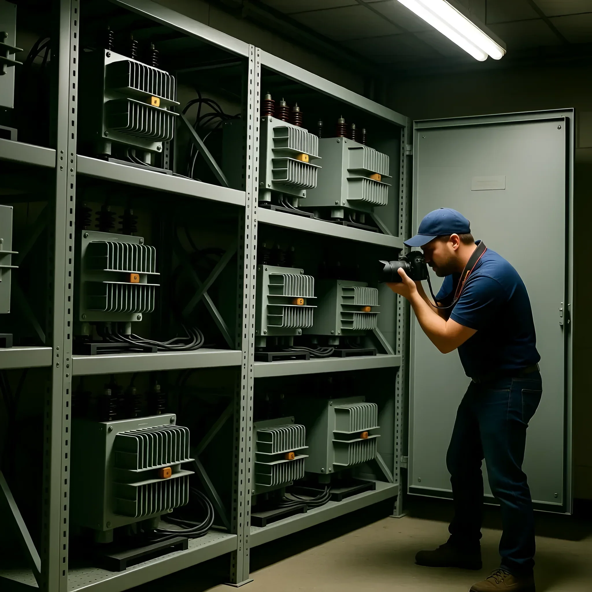 Фотография стеллажей-трансформеров с фотографом, демонстрирующая сложность и масштаб электрооборудования. Иллюстрация для статьи о стеллажах-трансформерах.