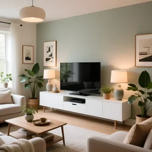 Современная гостиная в светлых тонах с белой ТВ-тумбой, растениями и минималистичным декором. Идеальное решение для небольших пространств.