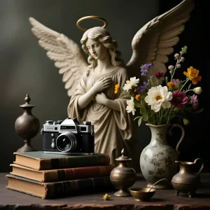Изысканная натюрмортная фотография с винтажной камерой, статуэткой ангела и полевыми цветами, передающая атмосферу ностальгии и ушедшей эпохи.