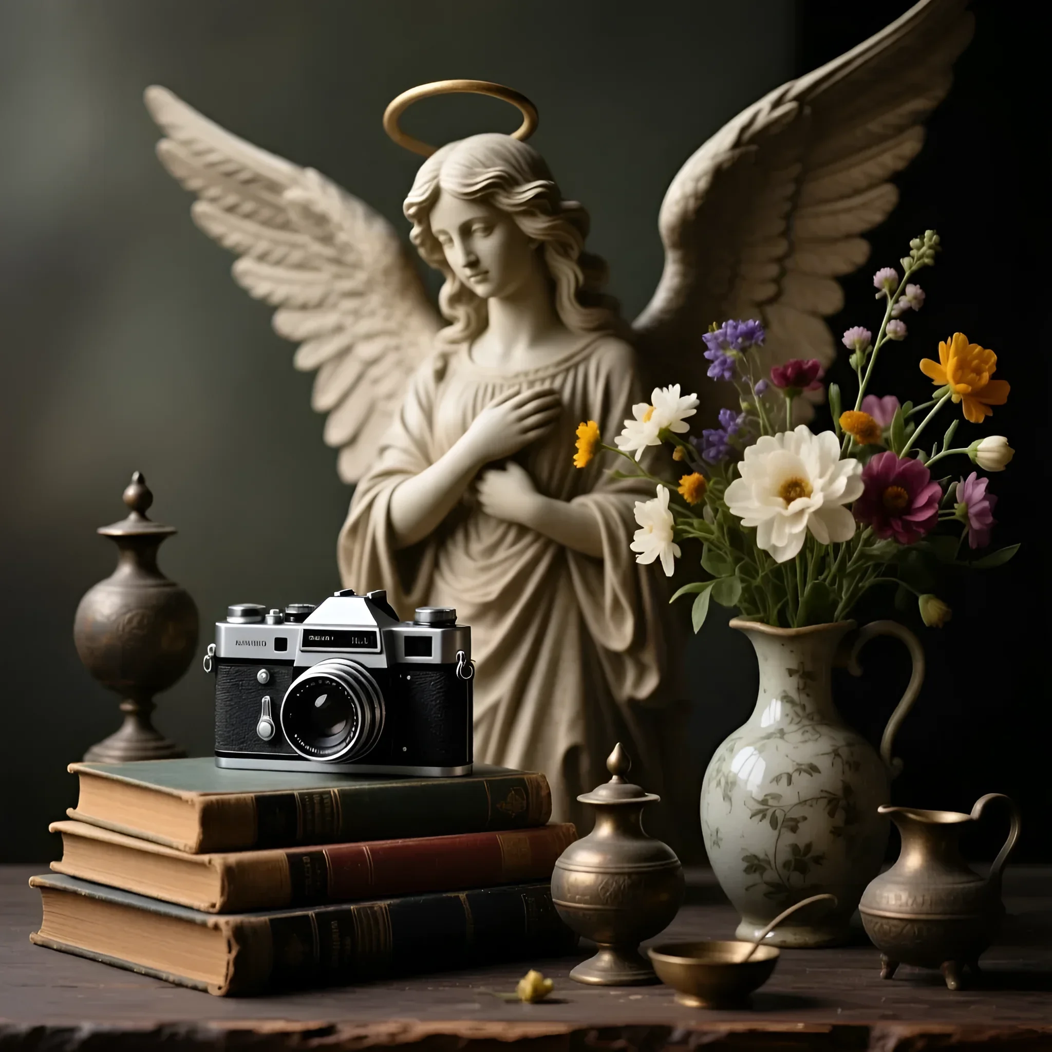 Изысканная натюрмортная фотография с винтажной камерой, статуэткой ангела и полевыми цветами, передающая атмосферу ностальгии и ушедшей эпохи.