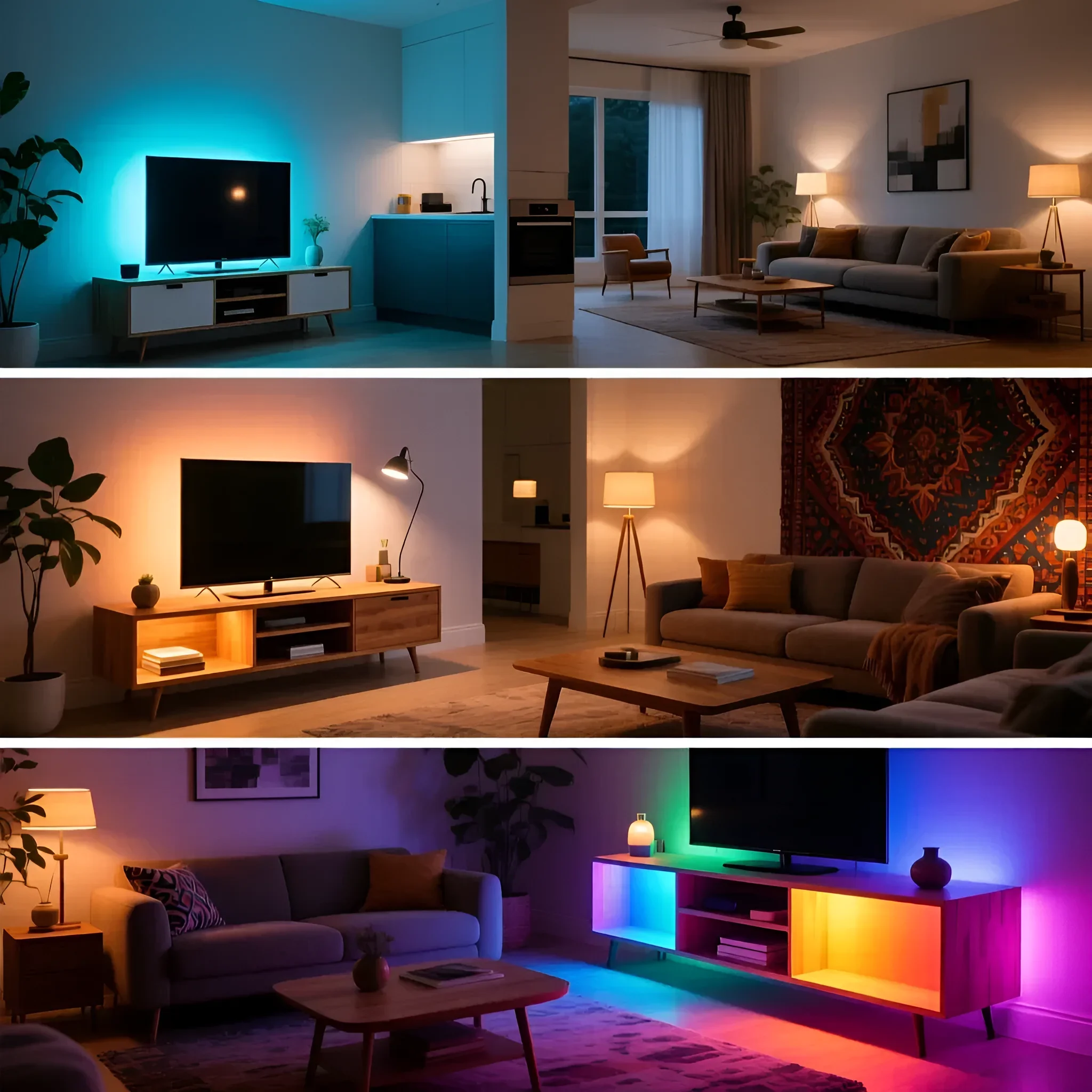 Коллаж из трех интерьеров гостиных с тумбами под телевизор, оснащенными настраиваемой RGB-подсветкой, создающей атмосферу и акценты.