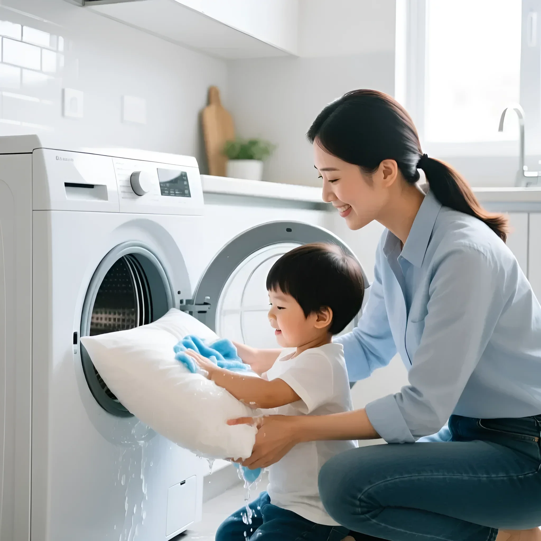 Фотография счастливой мамы и ребенка, стирающих белую детскую подушку в стиральной машине. Иллюстрация к статье о гигиене детских подушек.