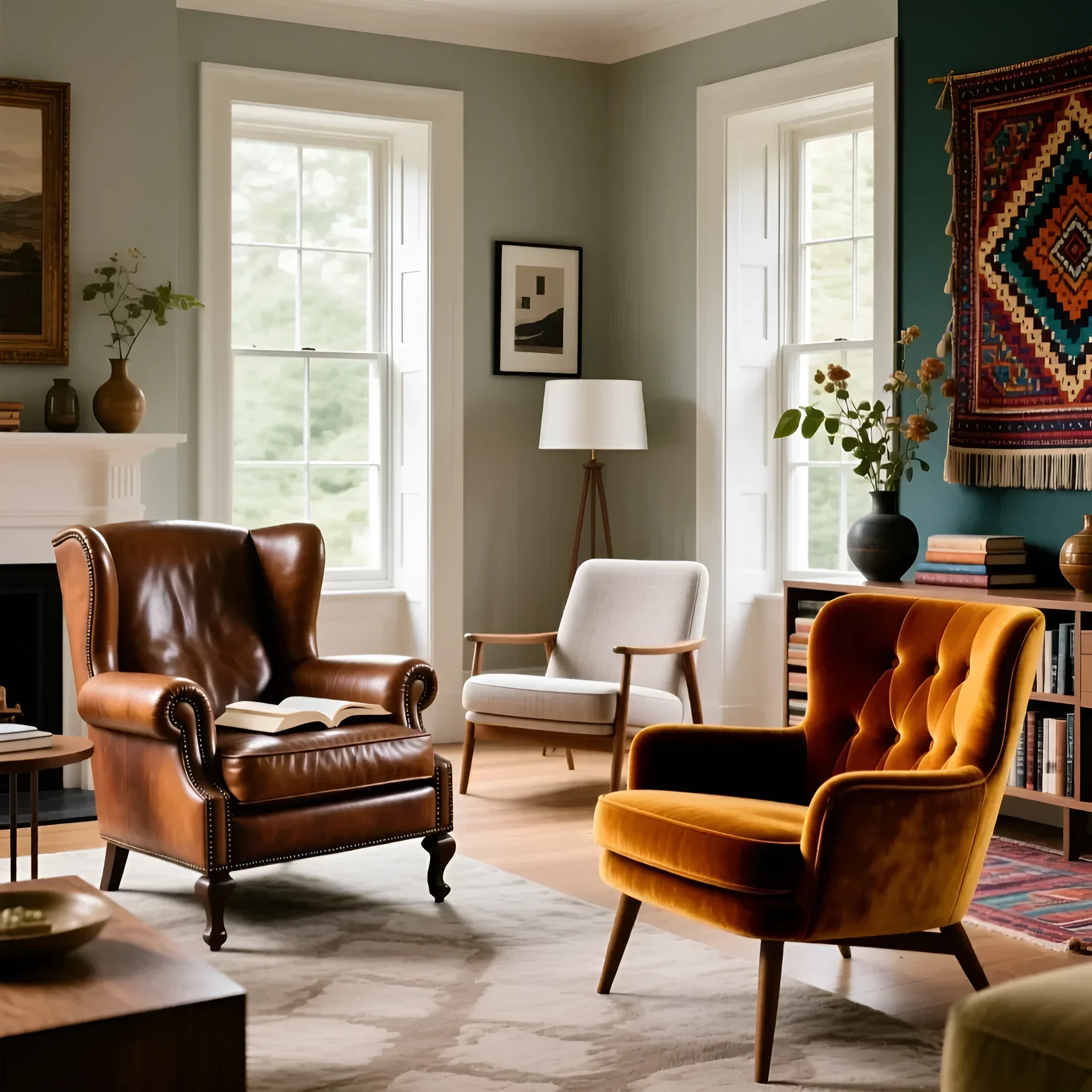 Фотография интерьера гостиной с тремя креслами для чтения разных стилей: кожаное, скандинавское и бархатное. Идеальное решение для любителей книг.