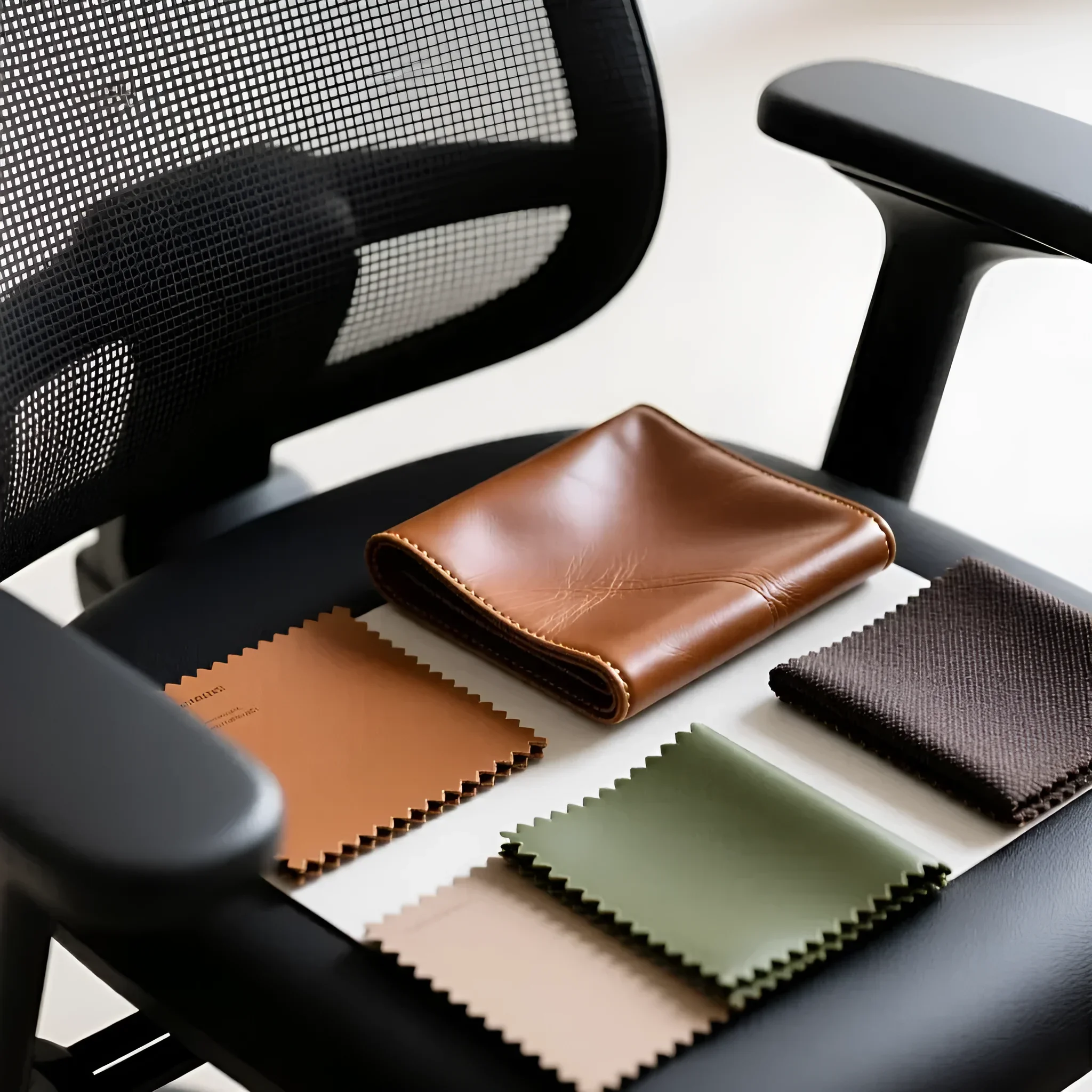 Фотография демонстрирует образцы материалов для обивки офисного кресла: кожу, ткань и сетку. Подбор идеальной обивки для долговечности и эргономики.