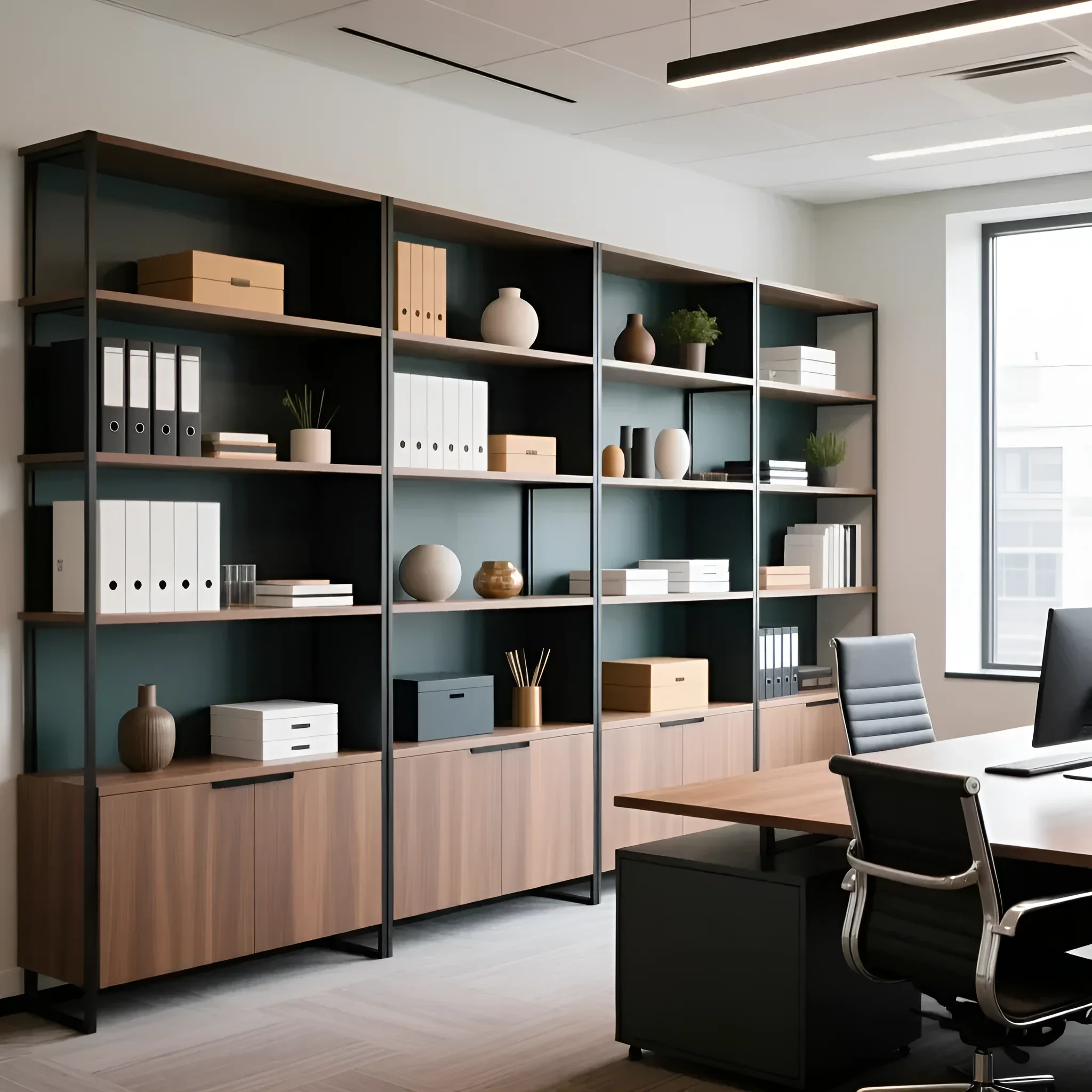 Фотография стильного офисного стеллажа в современном интерьере. Идеальное решение для организации пространства и хранения документов в офисе.