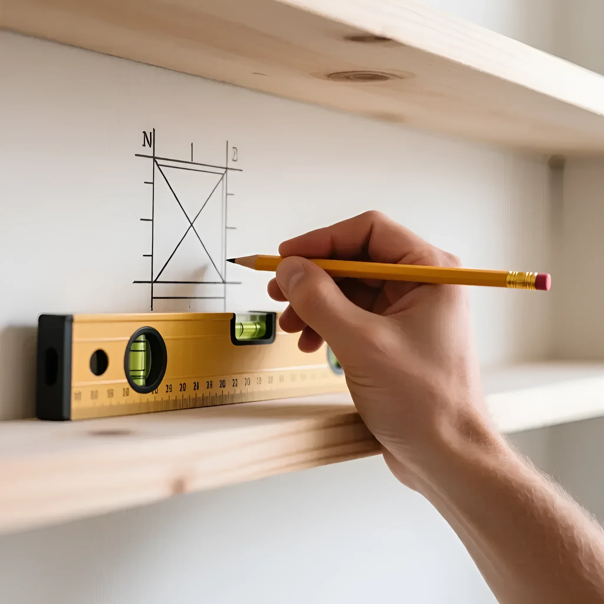 Фотография демонстрирует аккуратную разметку для установки полки с использованием уровня и карандаша. Подчеркивает важность точности в DIY проектах.