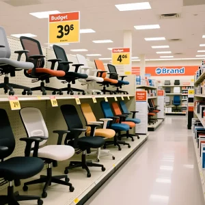 Фотография ряда офисных кресел в магазине, демонстрирующая разнообразие цен и моделей. Идеально для статьи о выборе офисного кресла.