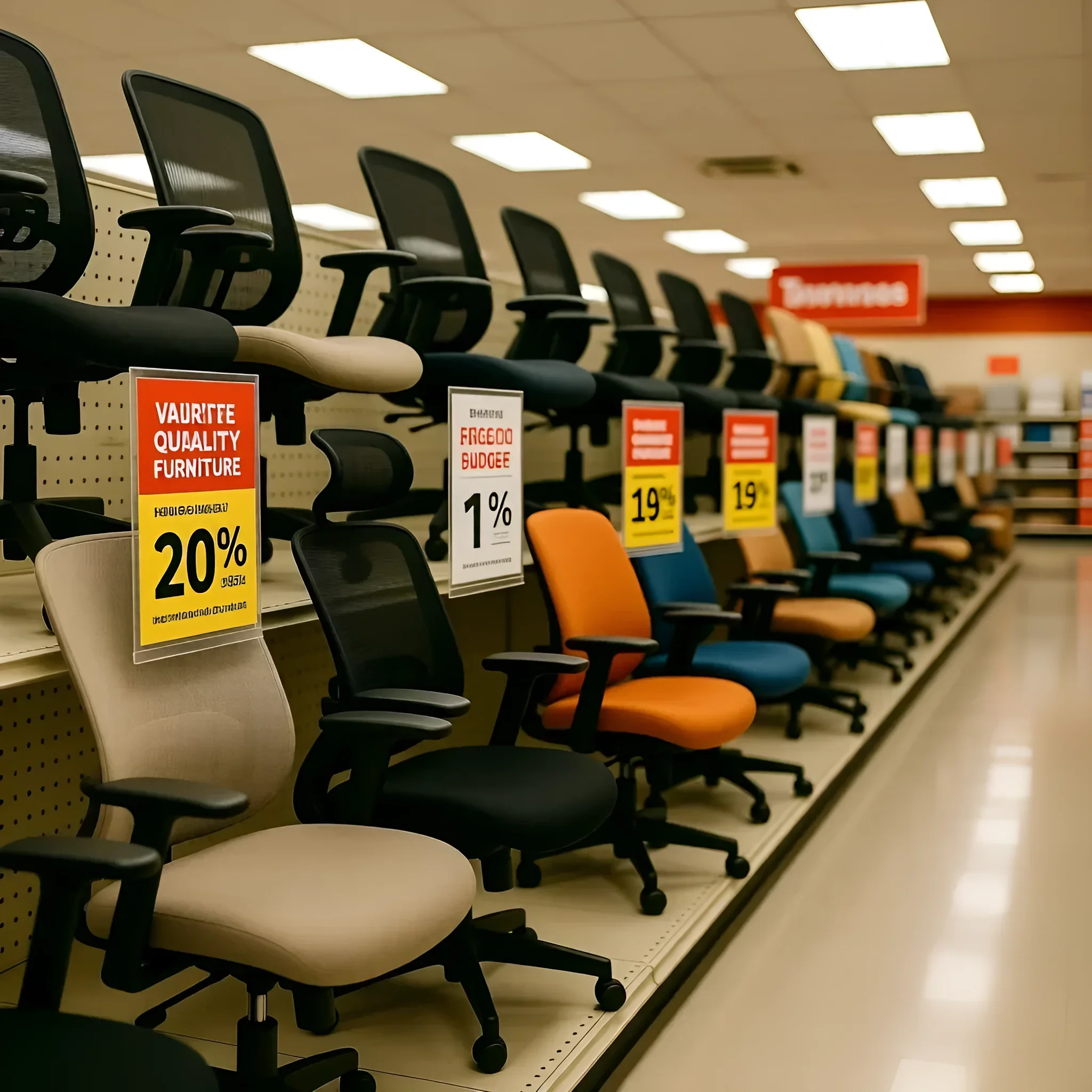 Фотография ряда офисных кресел в магазине с акционными ценниками. Идеально для иллюстрации статьи о бюджетной офисной мебели и эргономике.
