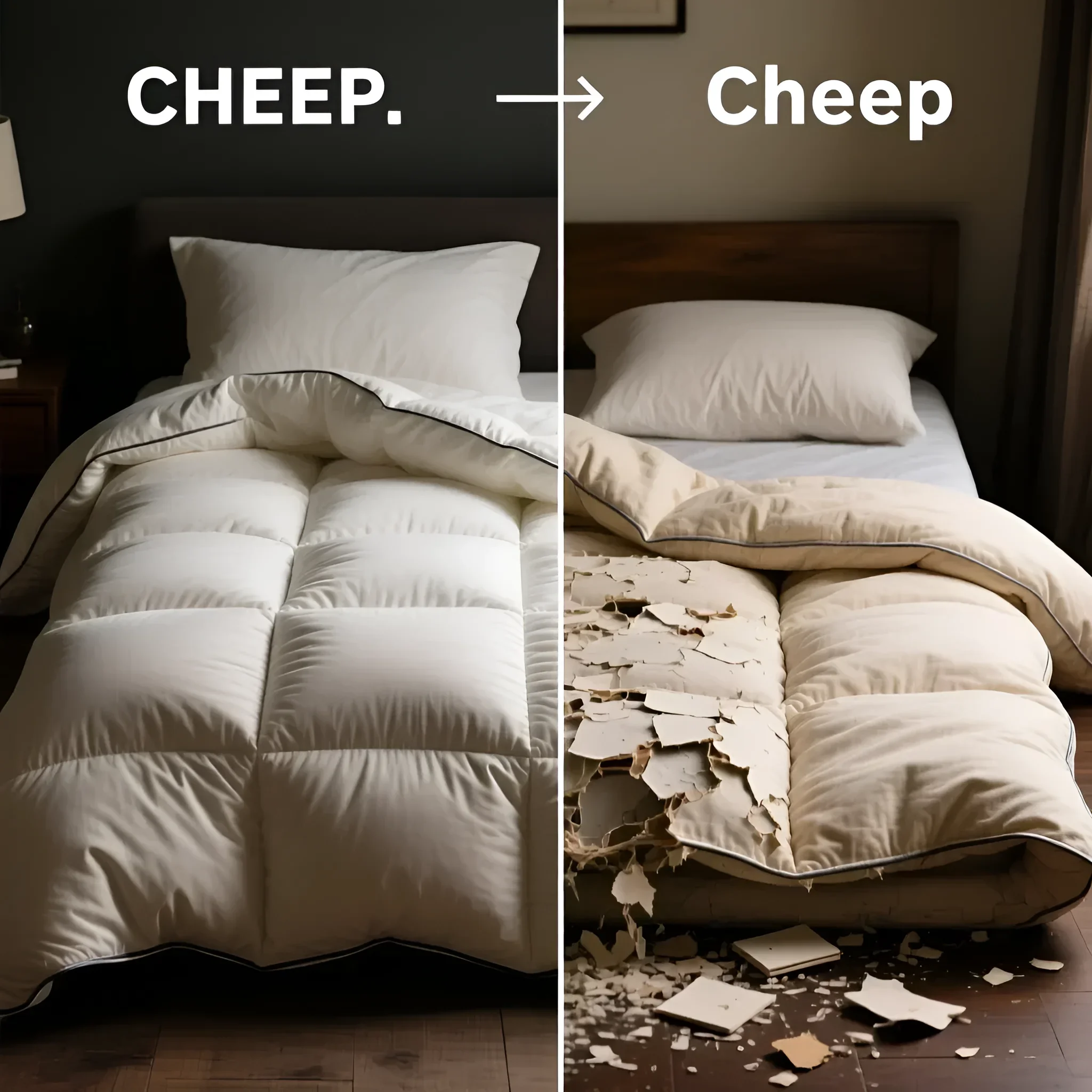 Сравнение качественного и дешевого одеяла: визуализация разницы в долговечности и комфорте. Иллюстрация для статьи об ошибках при выборе одеял.