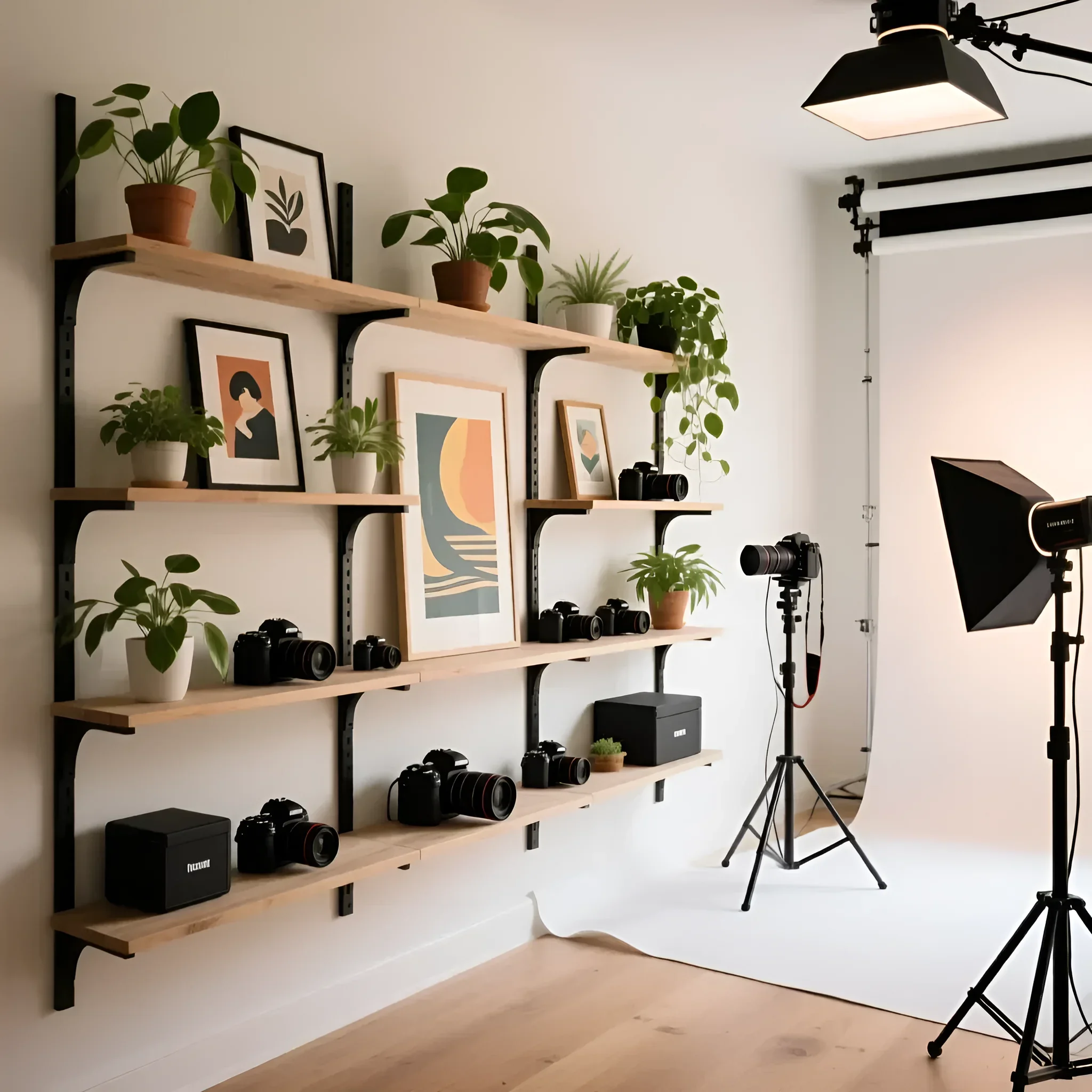 Интерьер современной фотостудии с черными стеллажами-трансформерами, растениями и винтажными камерами. Идеальное решение для хранения оборудования и создания атмосферы.