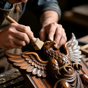 Детализированное фото реставрации деревянного орнамента старинного серванта. Мастер аккуратно наносит лак на резную фигуру орла, подчеркивая красоту дерева.
