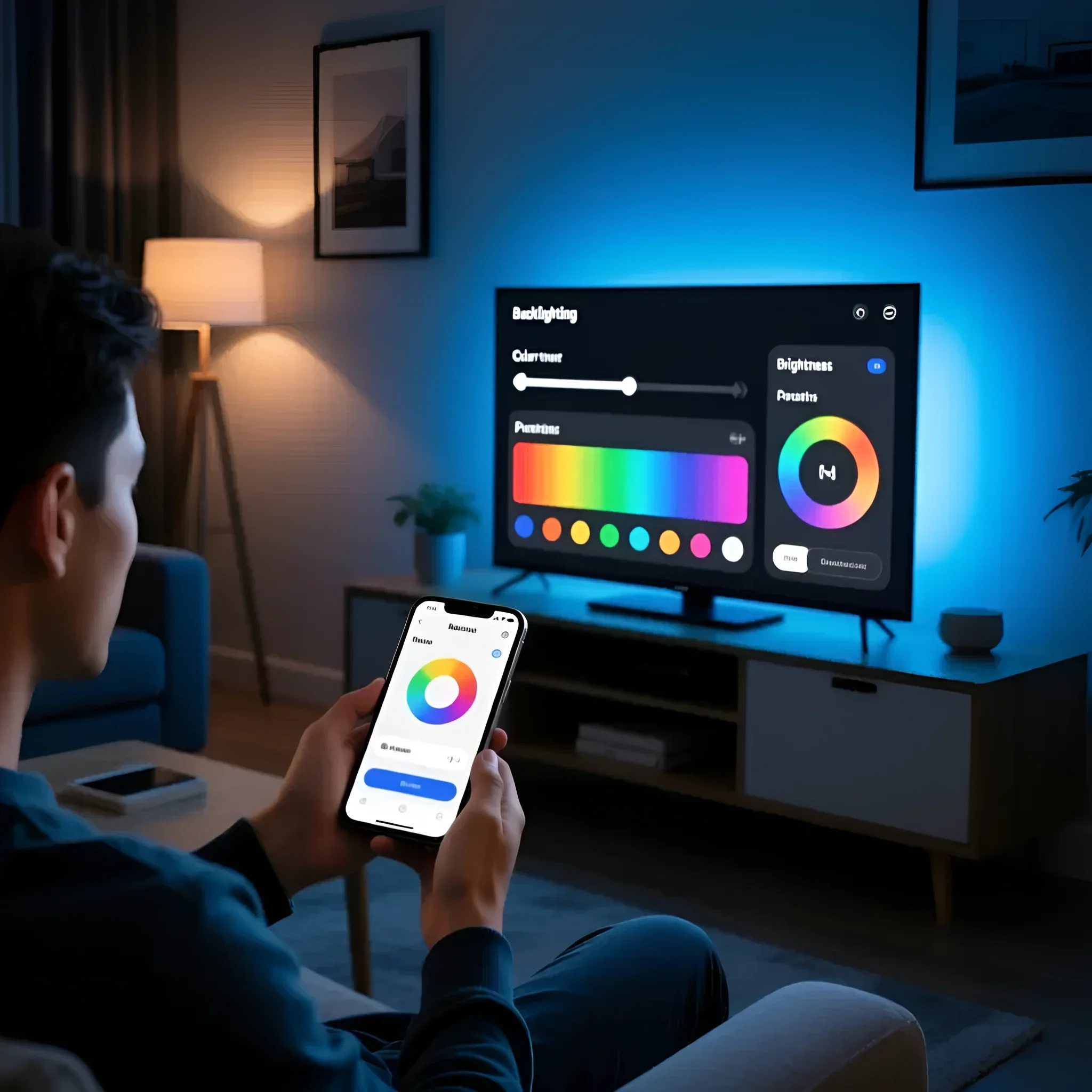 Современная гостиная с тумбой под телевизором и RGB-подсветкой, управляемой через мобильное приложение. Идеальное решение для создания атмосферы.