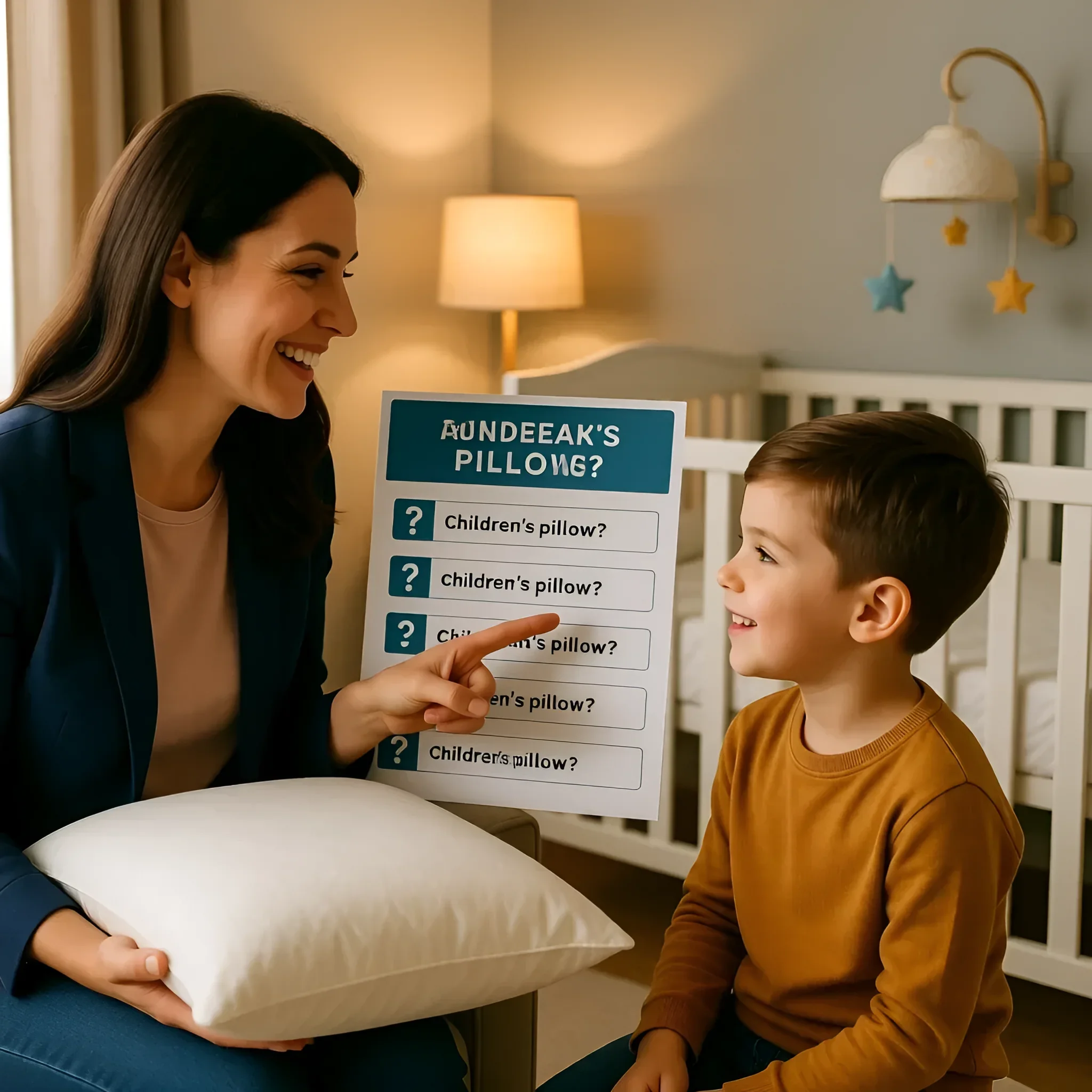 Фотография матери и сына, обсуждающих вопросы о выборе детской подушки, с акцентом на безопасность и комфорт для ребенка.