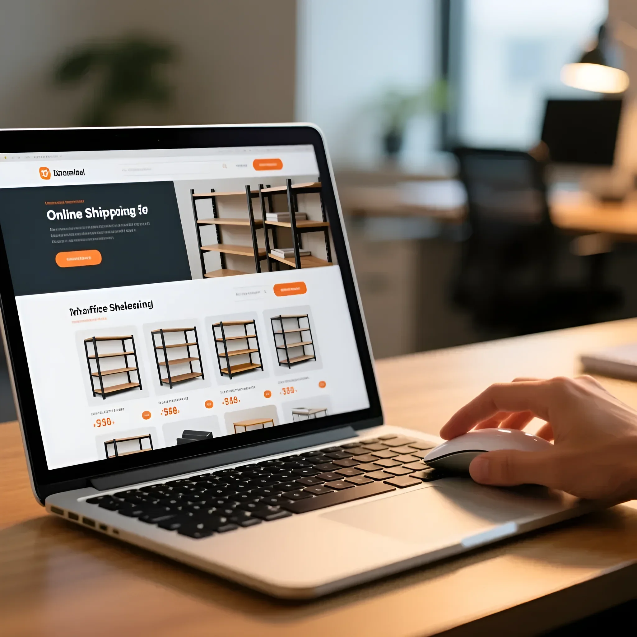 Изображение ноутбука с открытым интернет-магазином офисных стеллажей. Подчеркивает удобство онлайн-шопинга и современный дизайн мебели.