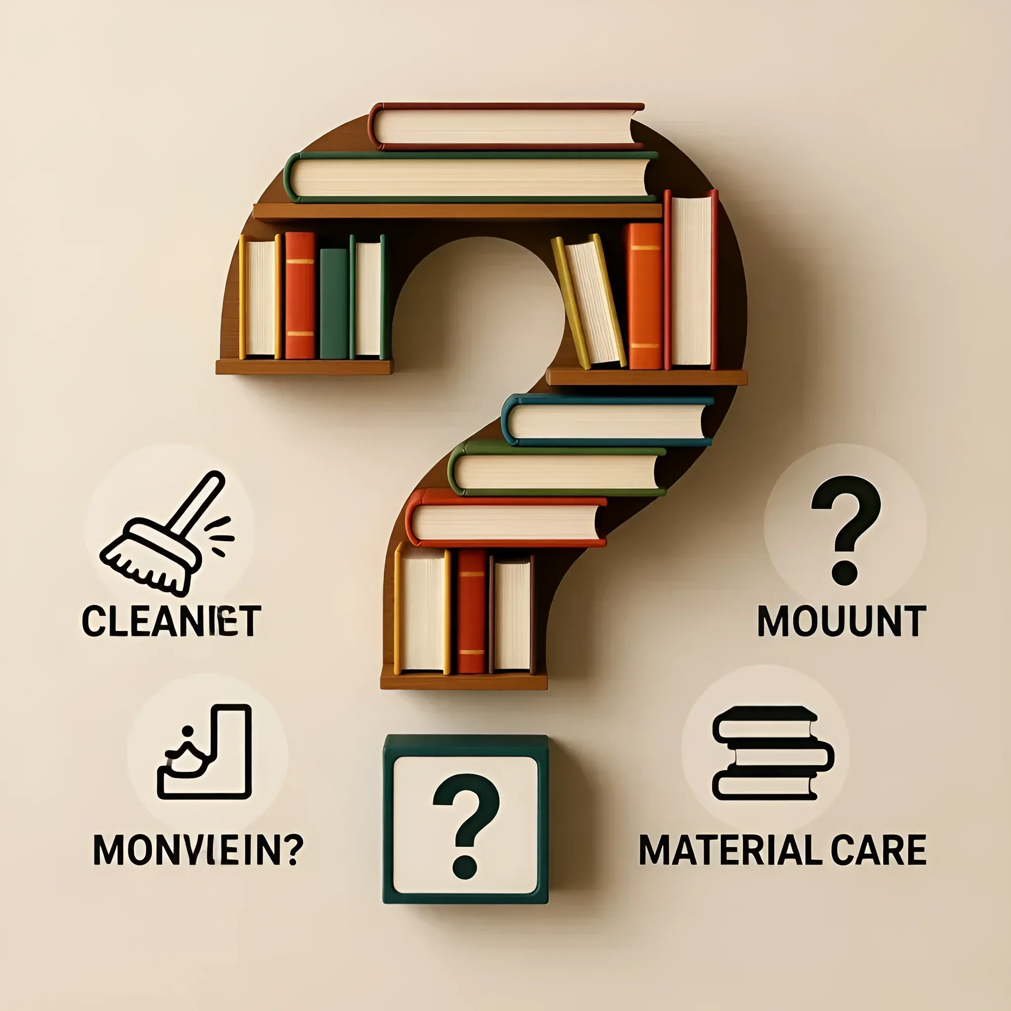 Иллюстрация книжной полки, стилизованной под вопросительный знак, с иконками ухода и выбора материала. Концепция для статьи о полках.