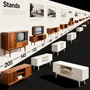 Стильная композиция из ТВ-тумб разных эпох, демонстрирующая эволюцию дизайна мебели под телевизор. Идеально для статьи о белых ТВ-тумбах.