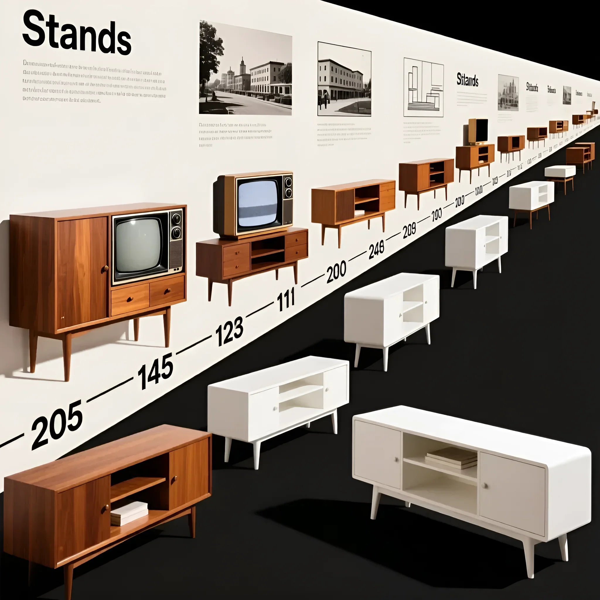 Стильная композиция из ТВ-тумб разных эпох, демонстрирующая эволюцию дизайна мебели под телевизор. Идеально для статьи о белых ТВ-тумбах.