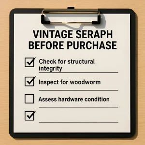 Иллюстрация с чек-листом для проверки состояния винтажного серванта перед покупкой: целостность конструкции, наличие древоточца, фурнитура.