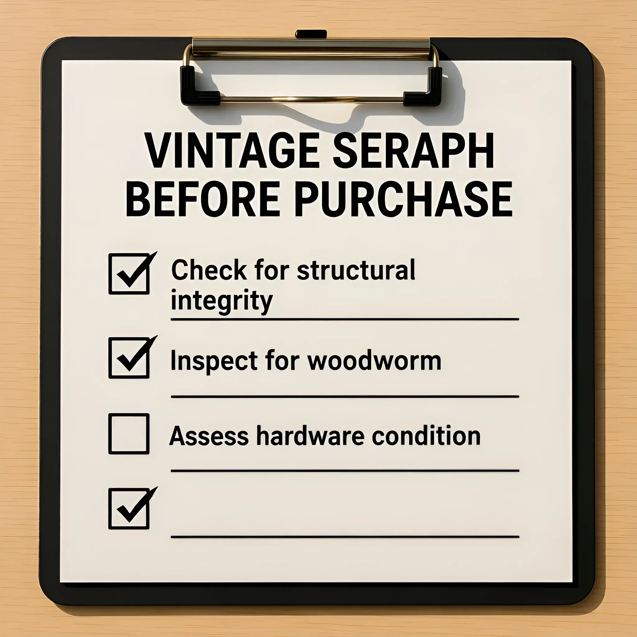 Иллюстрация с чек-листом для проверки состояния винтажного серванта перед покупкой: целостность конструкции, наличие древоточца, фурнитура.