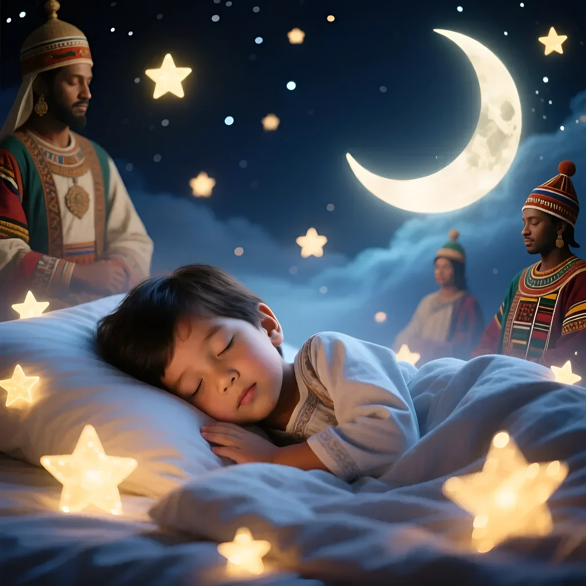 Волшебная иллюстрация: спящий ребенок в окружении светящихся звезд и таинственных фигур в восточных нарядах, символизирующая спокойный и безопасный сон.