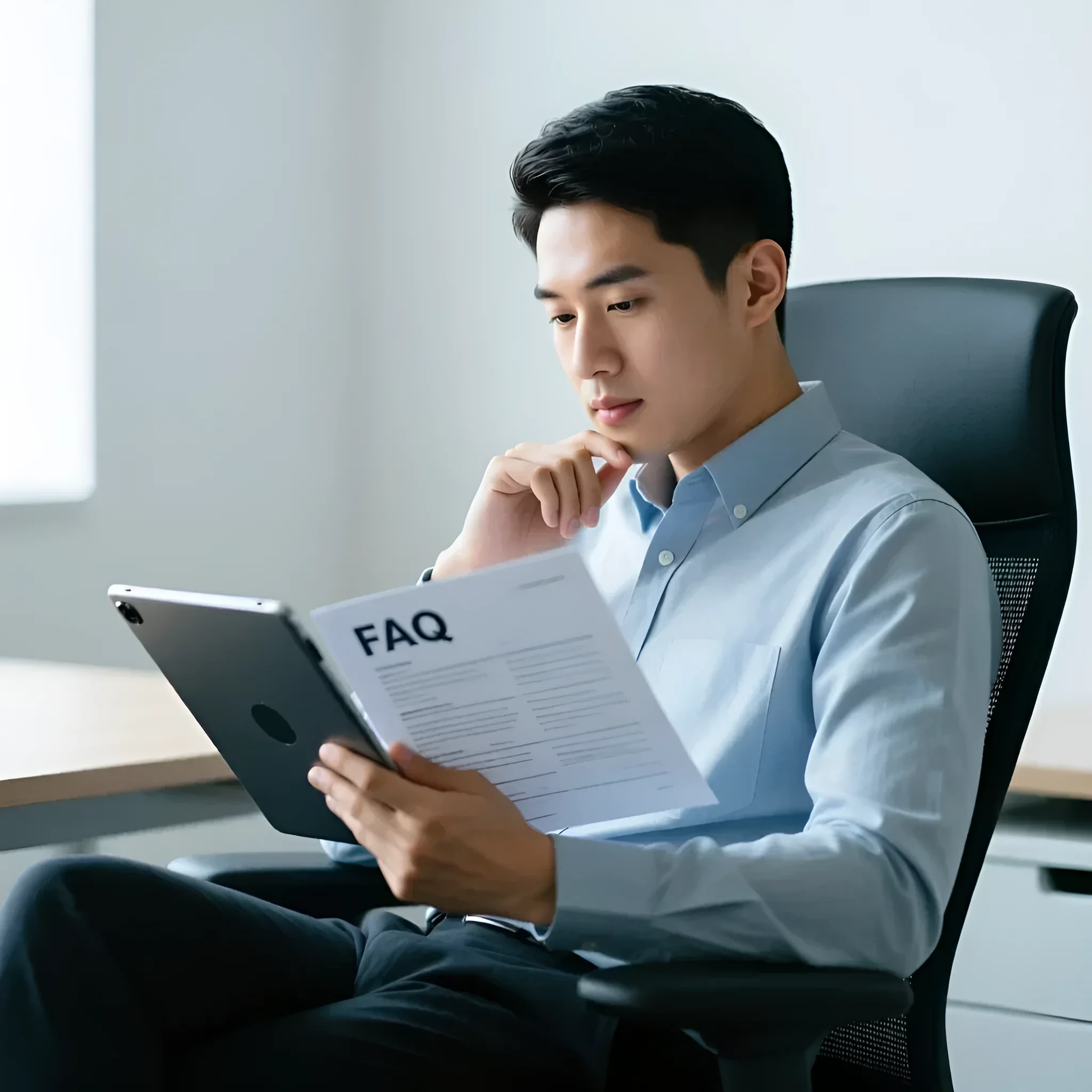 Современный офисный работник изучает FAQ по выбору кресла на планшете, сидя в эргономичном кресле. Иллюстрация для статьи.