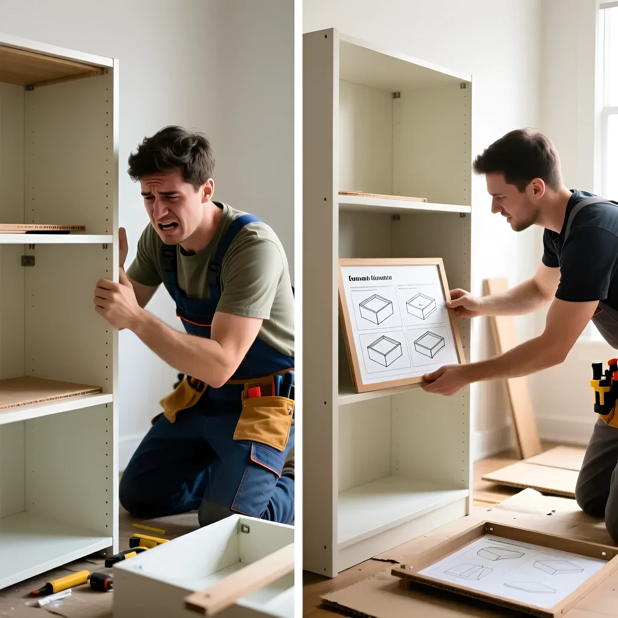 Фотография демонстрирует процесс сборки офисного стеллажа: от трудностей и раздражения до использования инструкции и успешного завершения.