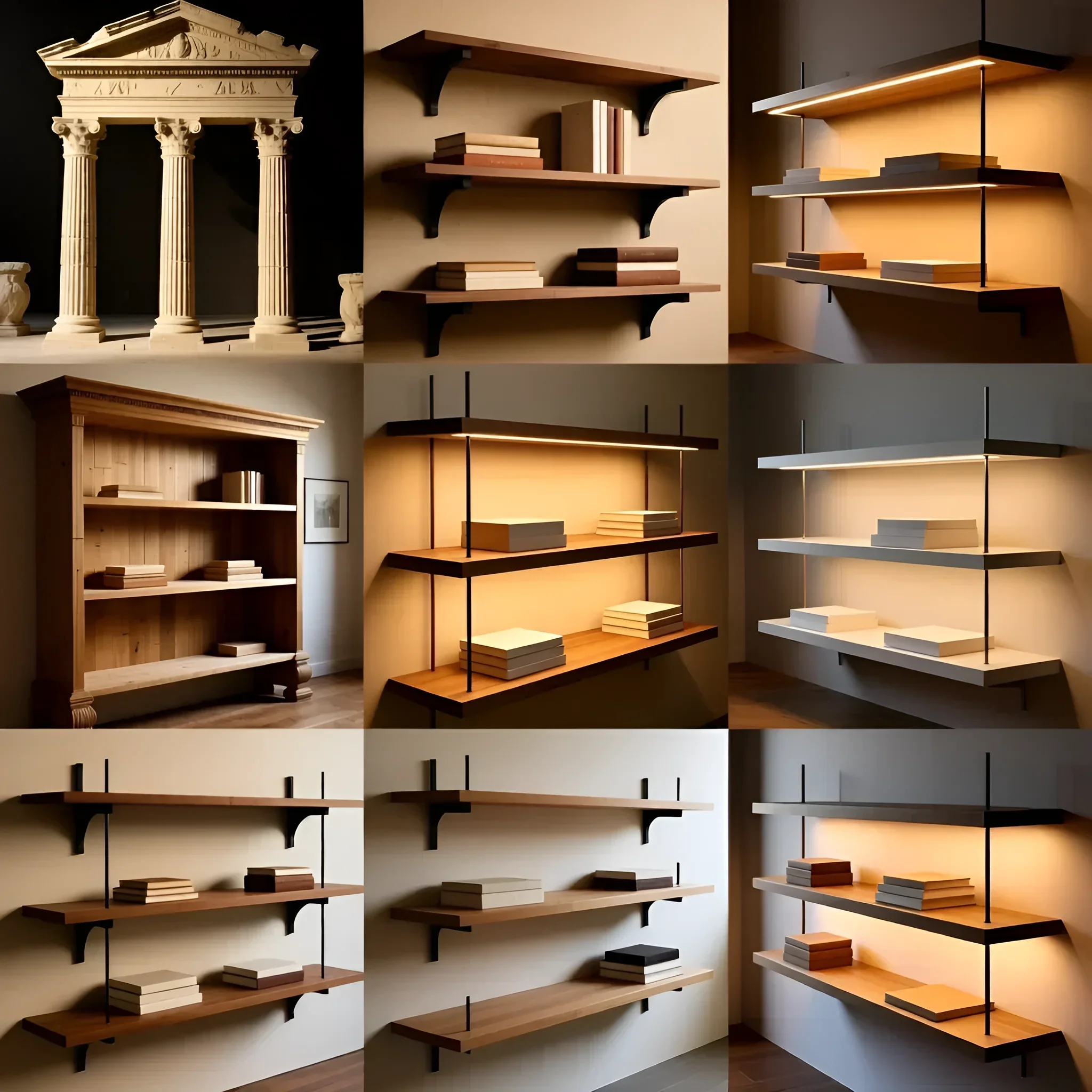 Коллаж из девяти изображений, демонстрирующий различные стили полок: от античных до современных, с акцентом на освещение и дизайн.