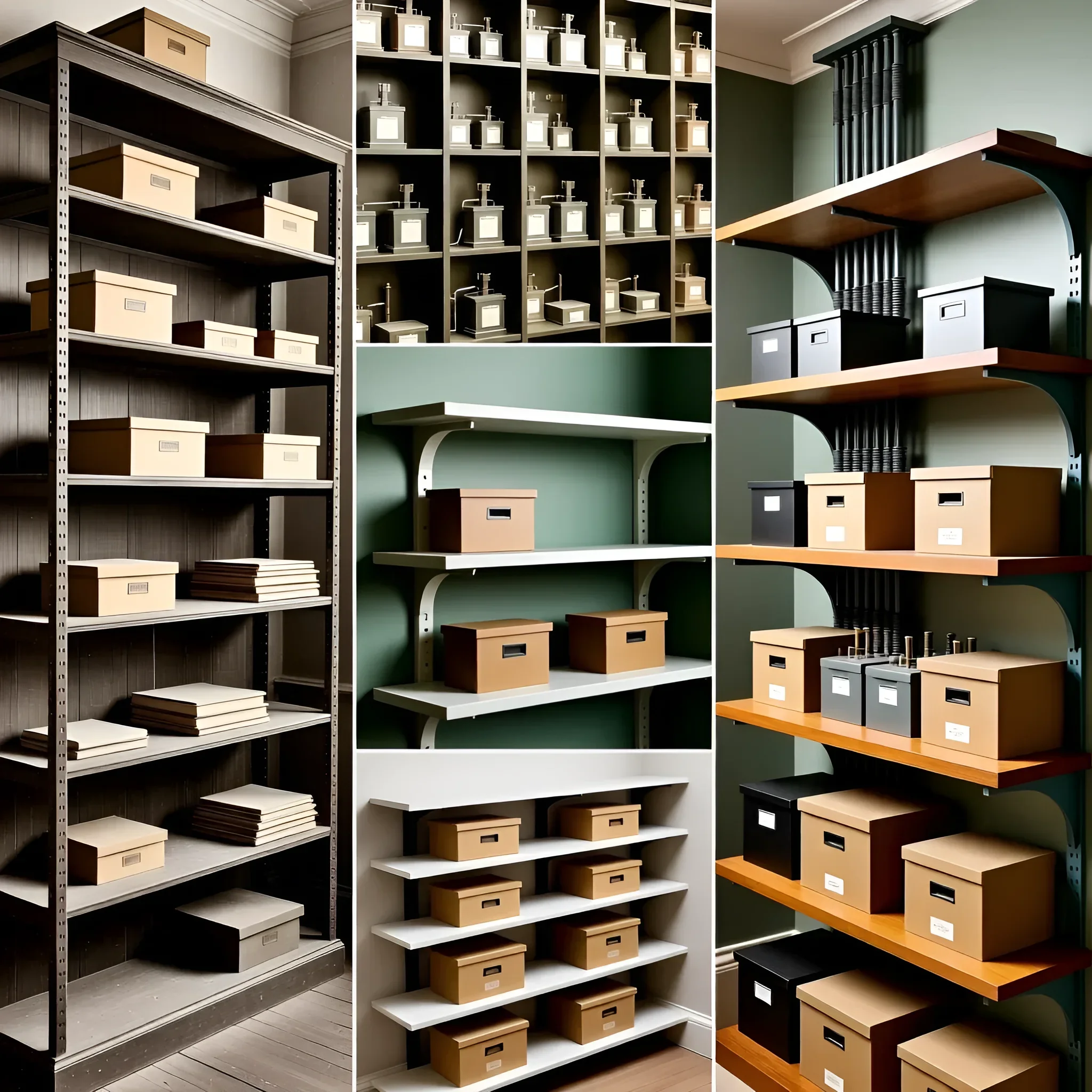 Фотография демонстрирует различные конфигурации стеллажей-трансформеров, оптимизирующих пространство. Идеальное решение для хранения книг, коробок и декора.