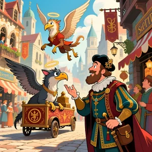 Яркая иллюстрация в стиле ретро: богато одетый мужчина приветствует парящего грифа на фоне европейского города. Идеально для статьи о ретро-стиле!
