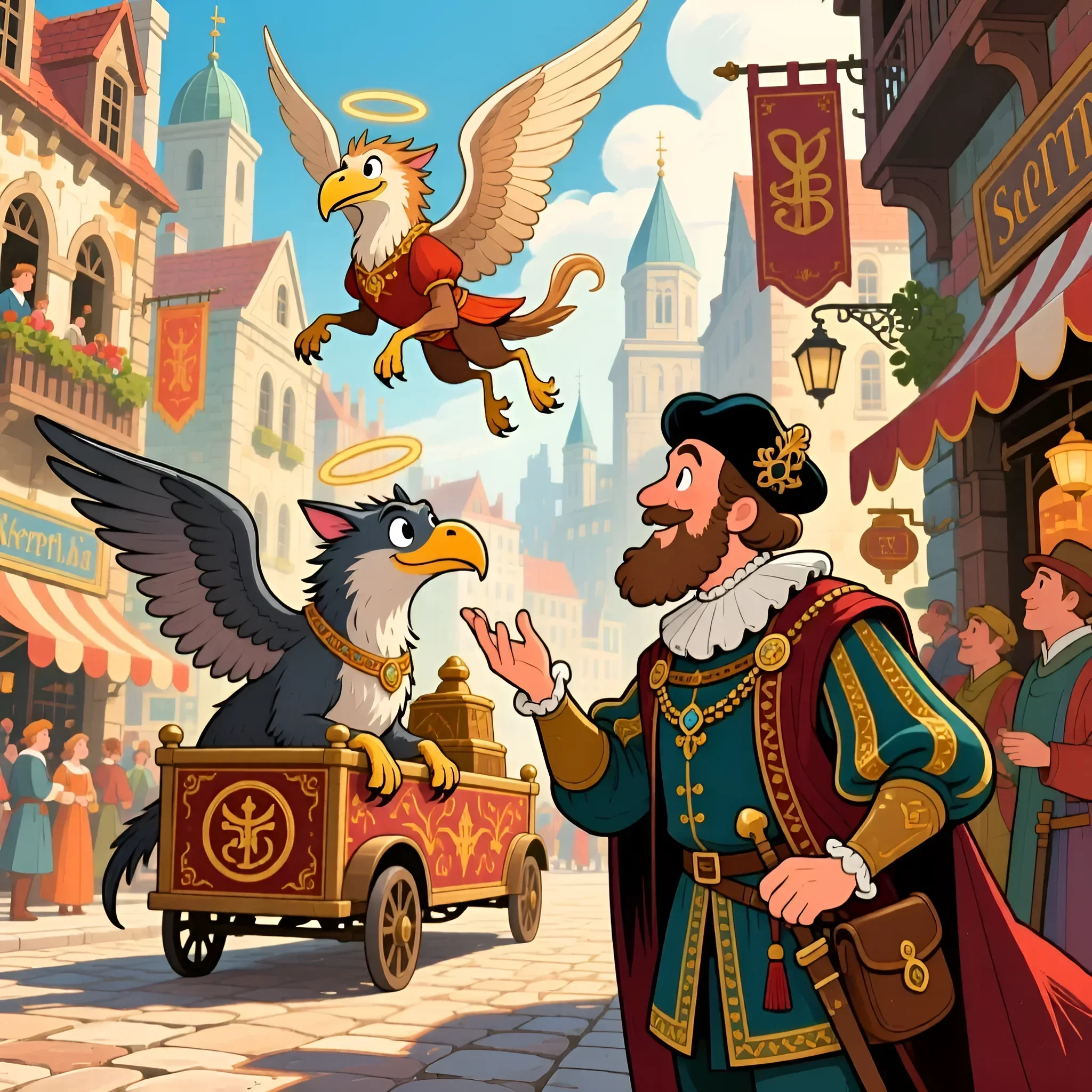 Яркая иллюстрация в стиле ретро: богато одетый мужчина приветствует парящего грифа на фоне европейского города. Идеально для статьи о ретро-стиле!