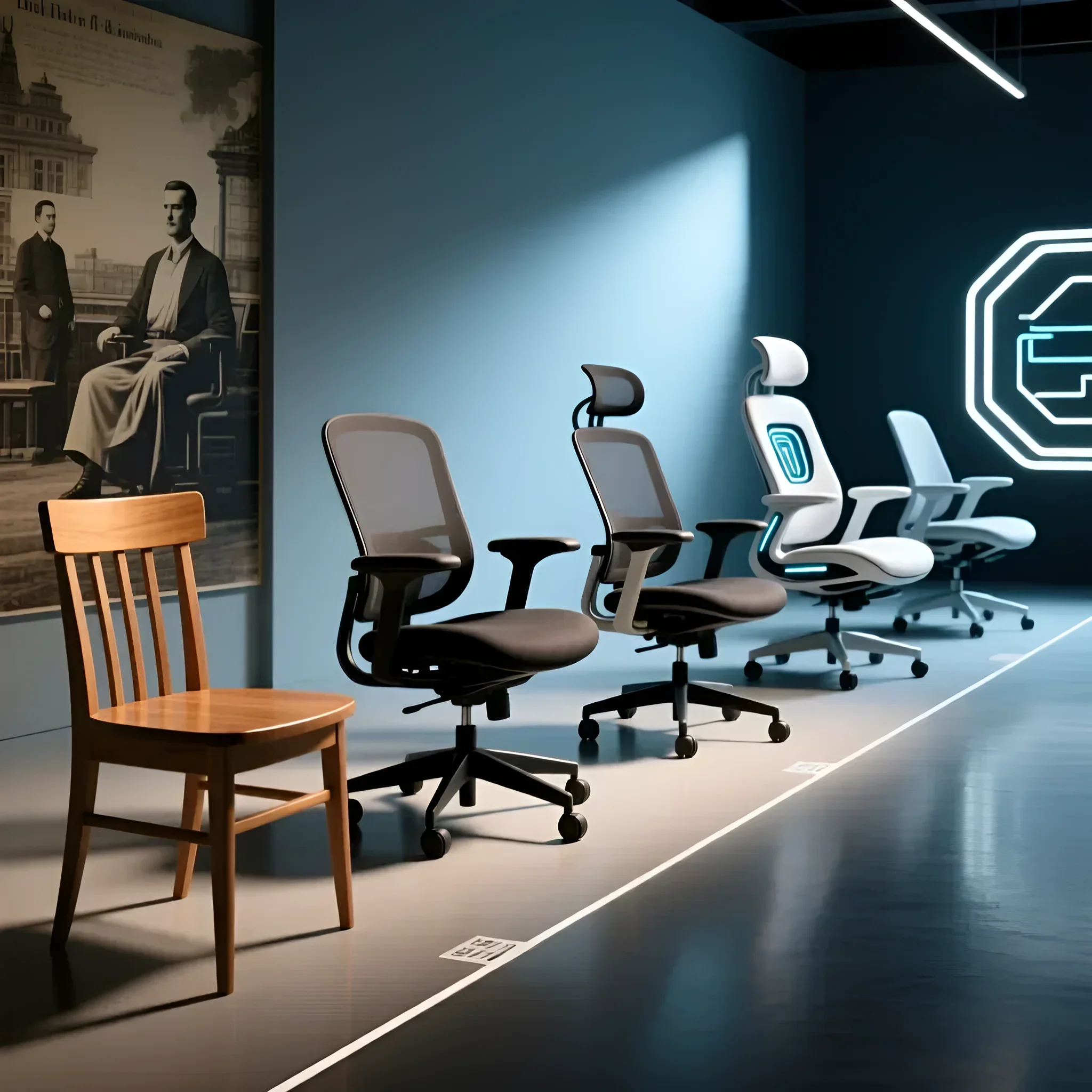 Современные офисные кресла на фоне исторического портрета, демонстрирующие прогресс в дизайне и комфорте для работы.
